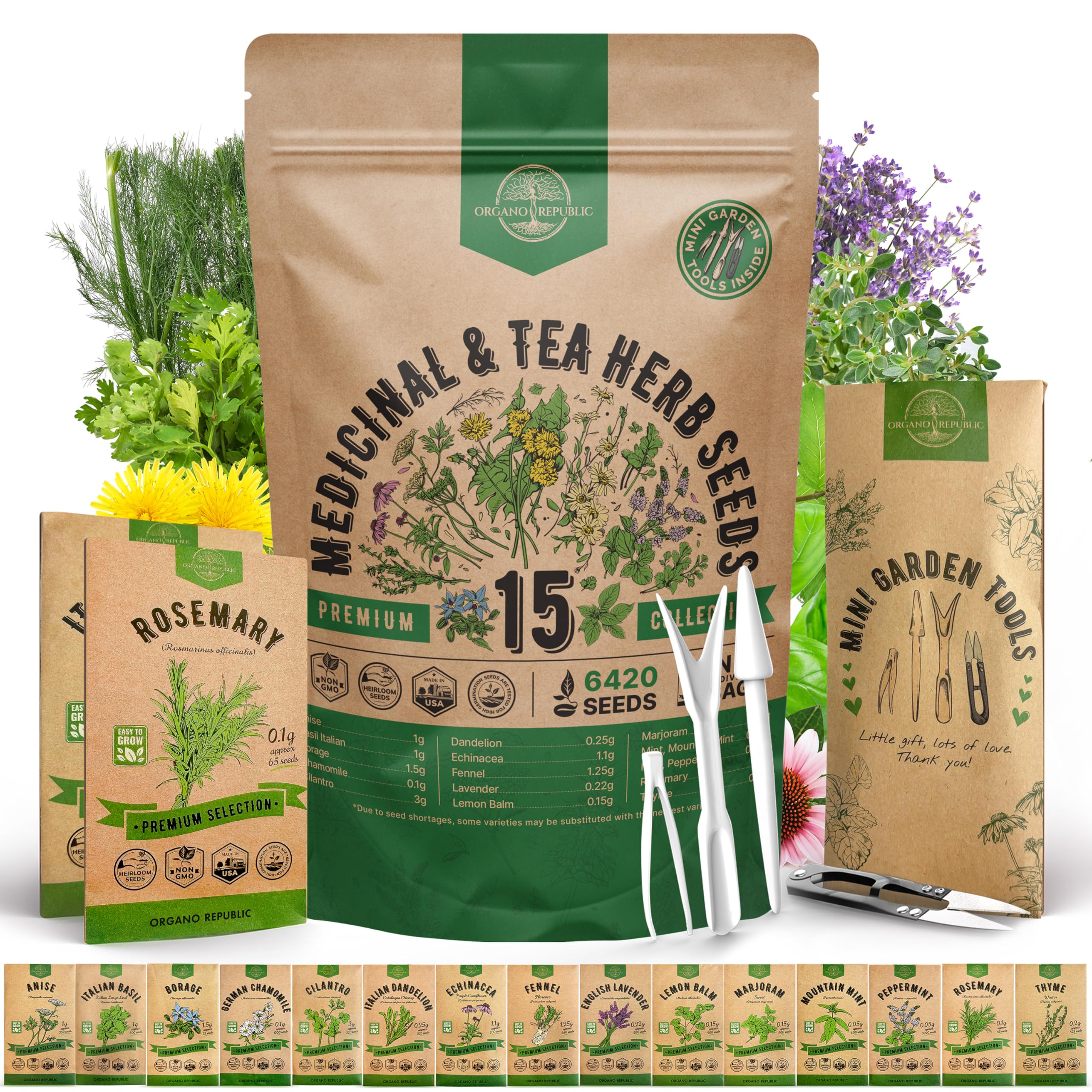 15 Medicinal & Tea Herb Seeds Variety Pack 6,420+ Non-GMO Heirloom Garden Seeds for Indoor & Outdoors, Including Anise, Borage, Cilantro, Chamomile, Dandelion, Rosemary Seeds