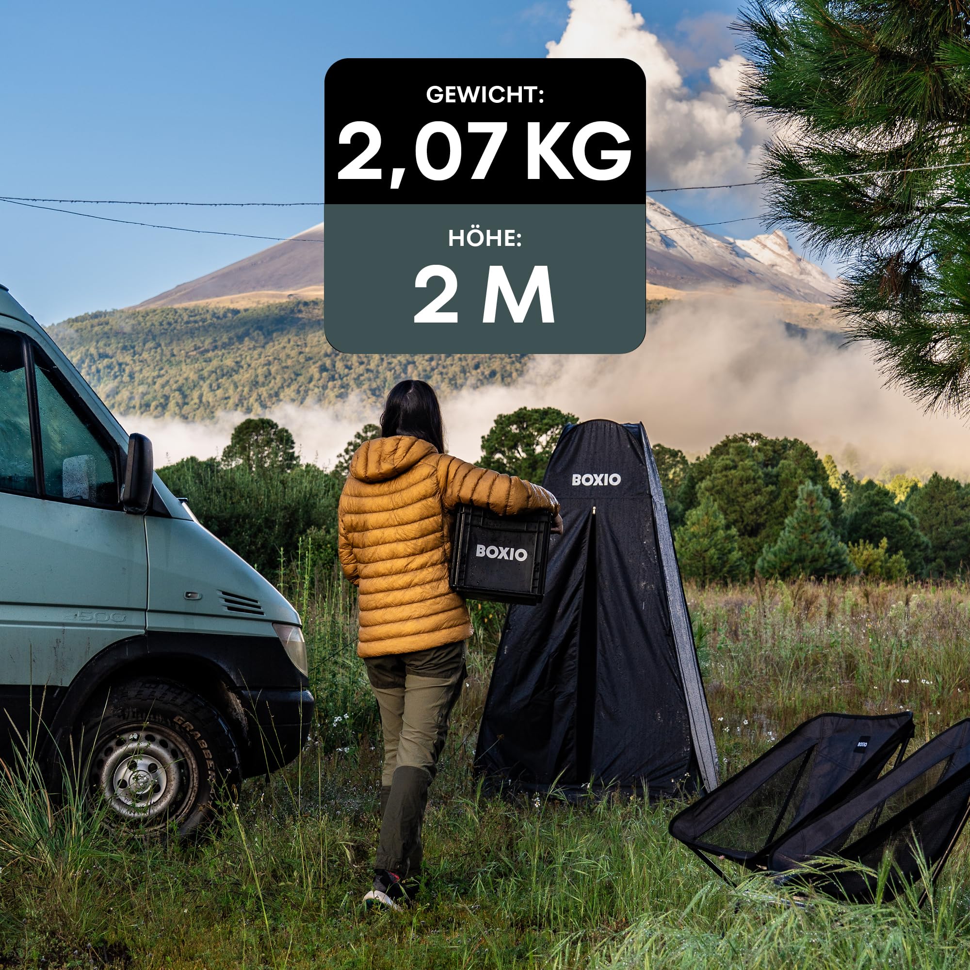 BOXIO - Tent: Mobiles Camping Duschzelt/Toilettenzelt, auch perfekt als freistehende pop up Umkleidekabine 2 x 1m - EIN Muss für Deine Campingtoilette, im Vanlife, und als Festivalbesucher im Sommer
