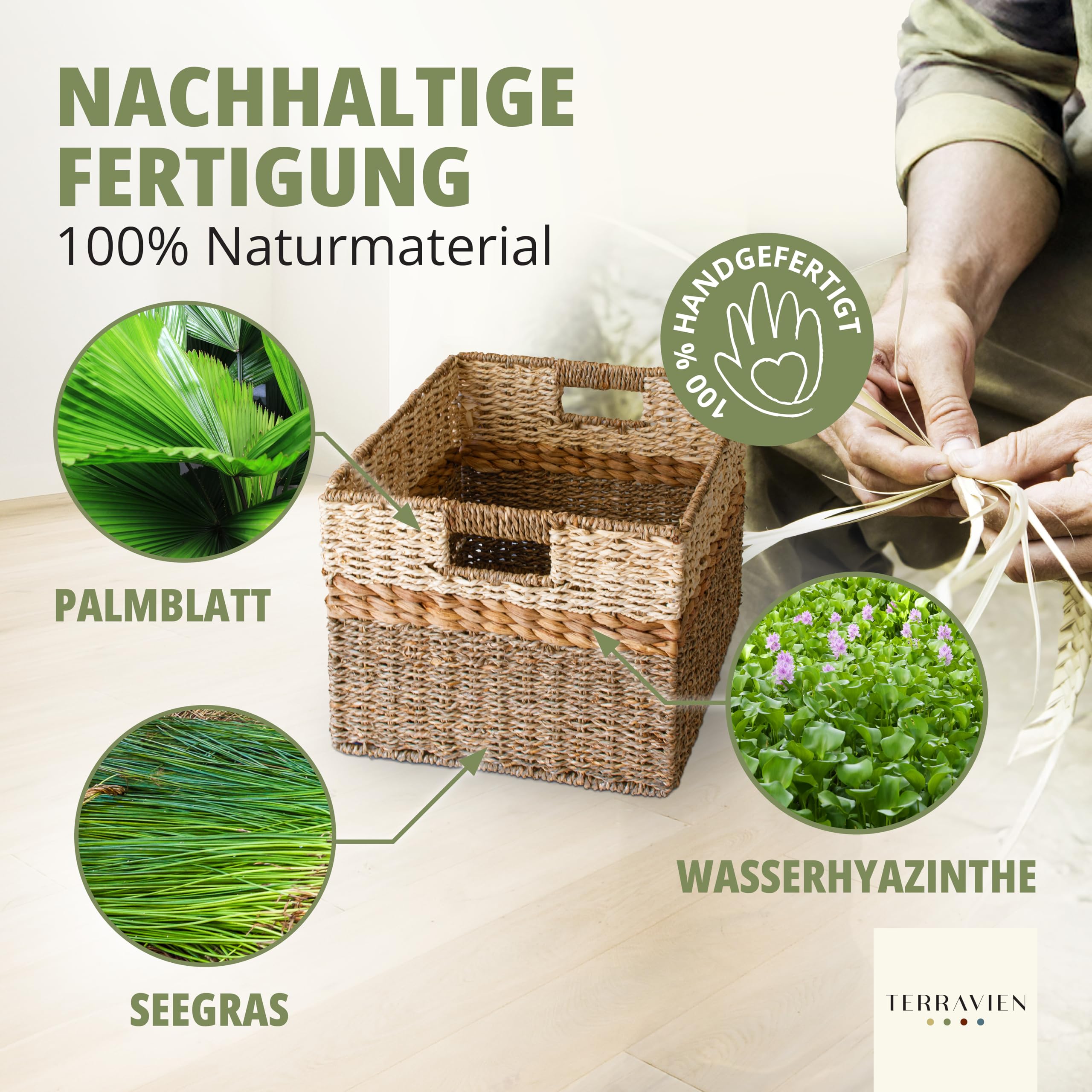 Aufbewahrungskörbe 2er Set Seegras Wasserhyazinthe 33x30xH26 cm | Besonderer Naturmix aus Seegras, Wasserhyazinthe und Palmblatt, handgefertigt, faltbar, für KALLAX, Küche, Bad, Wohnzimmer