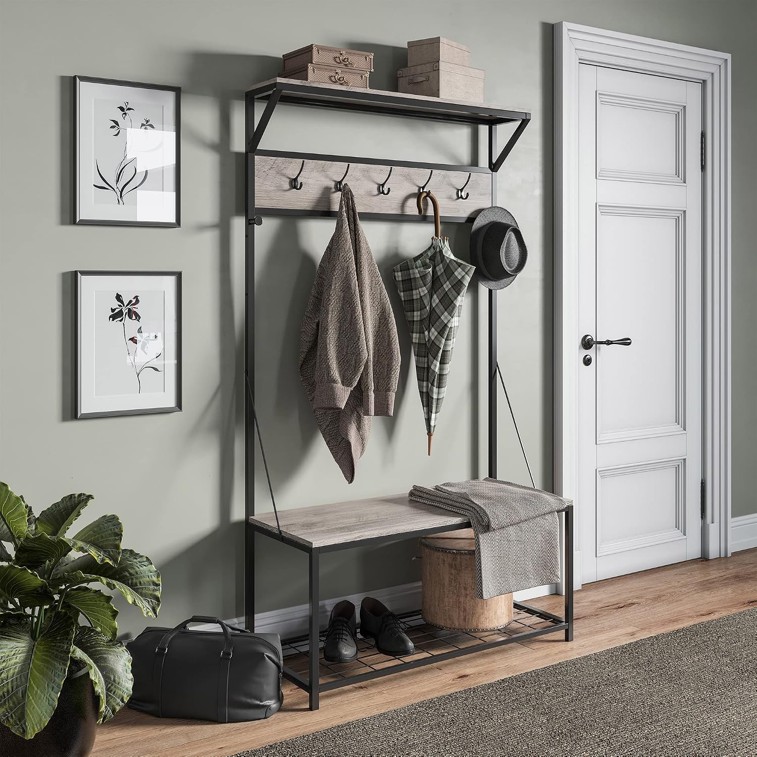BELLEZE Bench Hall Tree, Entryway Storage Bench Shoe Rack, Hat and Coat Stand Accent Furniture with Black Metal Frame - Lexie (Gray Wash)
