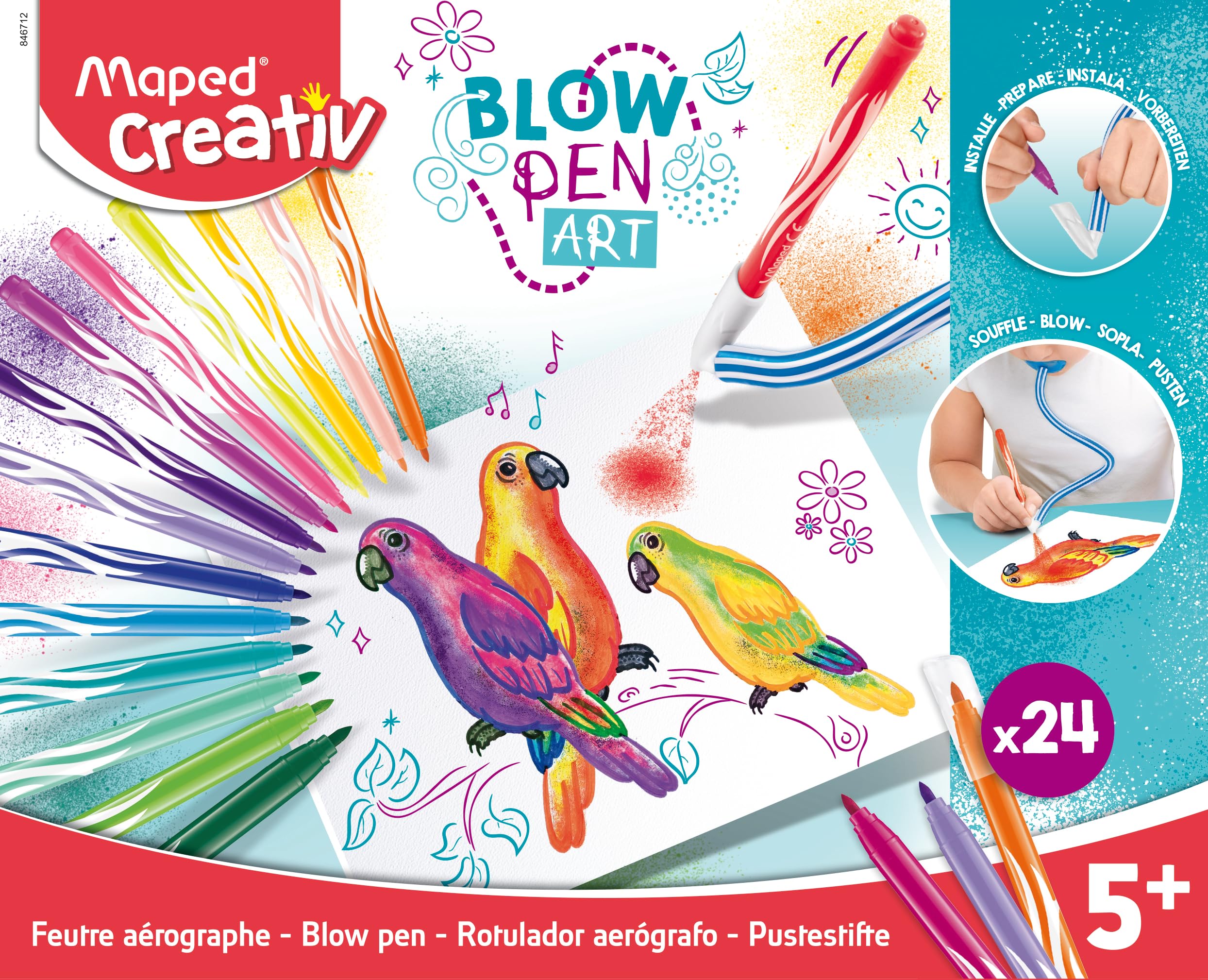 MapedCreativ Blow Art Kit - 24x Felt Tip Pens and 2x Airbrush Tools - Children's Craft Art Kit