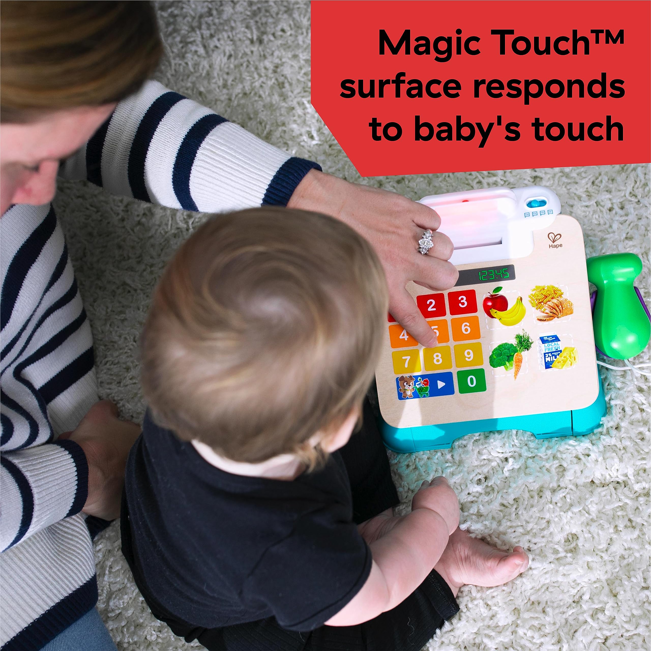 Baby Einstein + Hape Magic Touch Cash Register Pretend to Check Out Toy, z prawdziwymi dźwiękami i muzyką, dla dzieci w wieku od 9 miesięcy