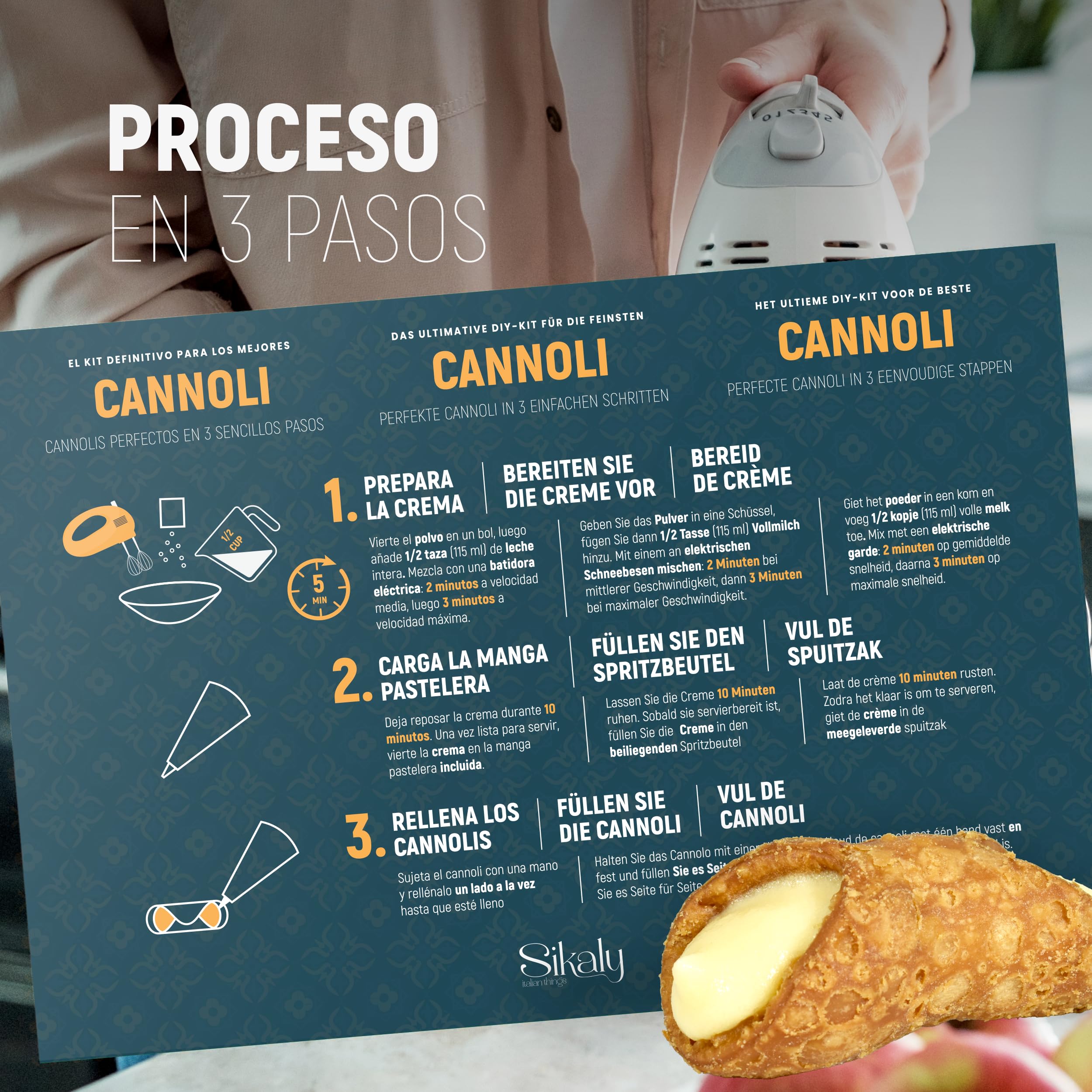 Cannoli Sicilianos, Kit de 12 Cannoli - HAZLO TÚ MISMO. Cannoli Individuales, Crema Chantilly y Chocolate. Kit de Cannoli con Crema en Polvo para Preparar en Casa. CANNOLI - SIKALY