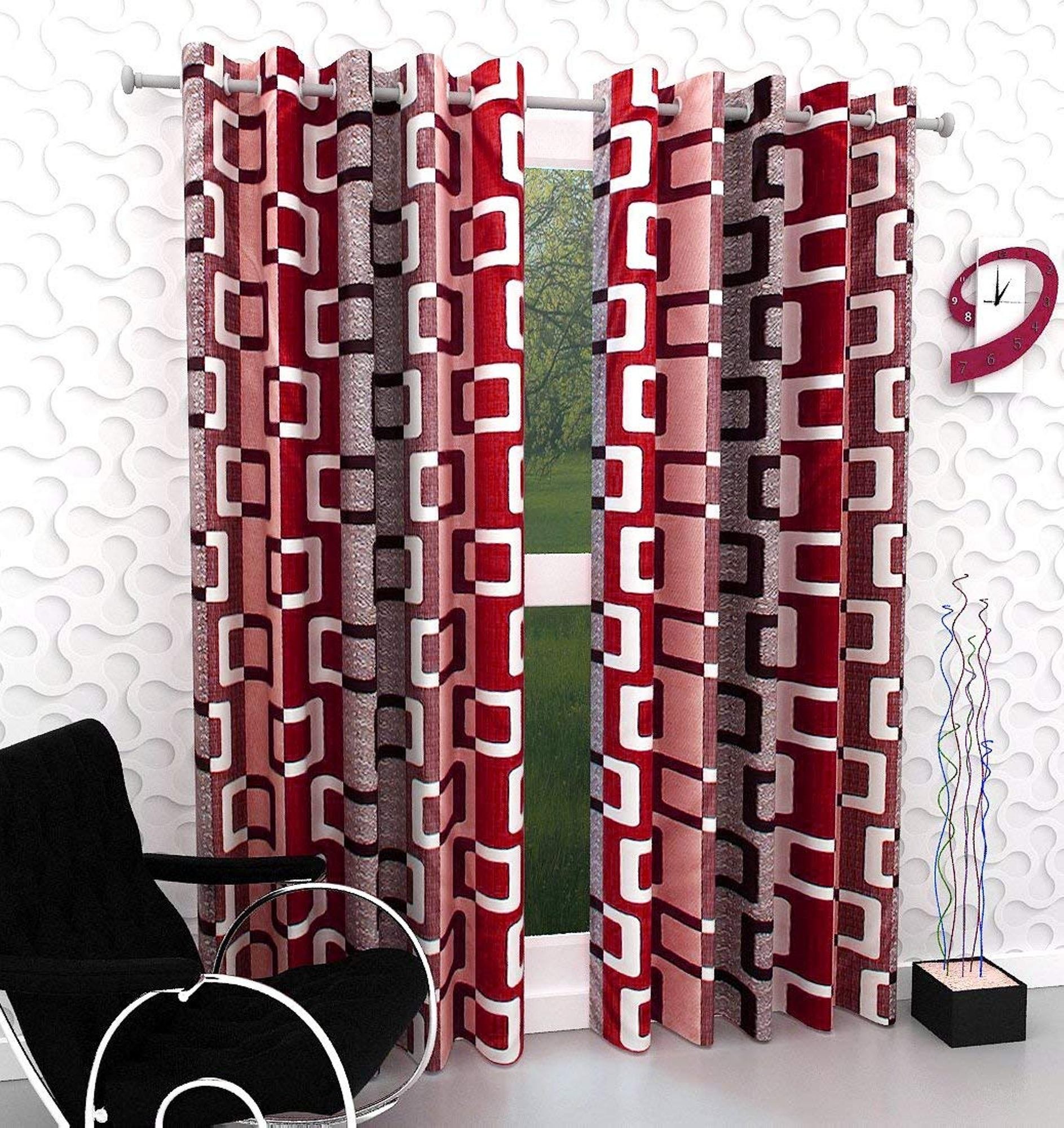 Lucacci Luxury Homes Fancy Box Pattern Polyester Curtains for Long Door 9 Feet, Pack of 2, Maroon (Maroon, 9 Feet)