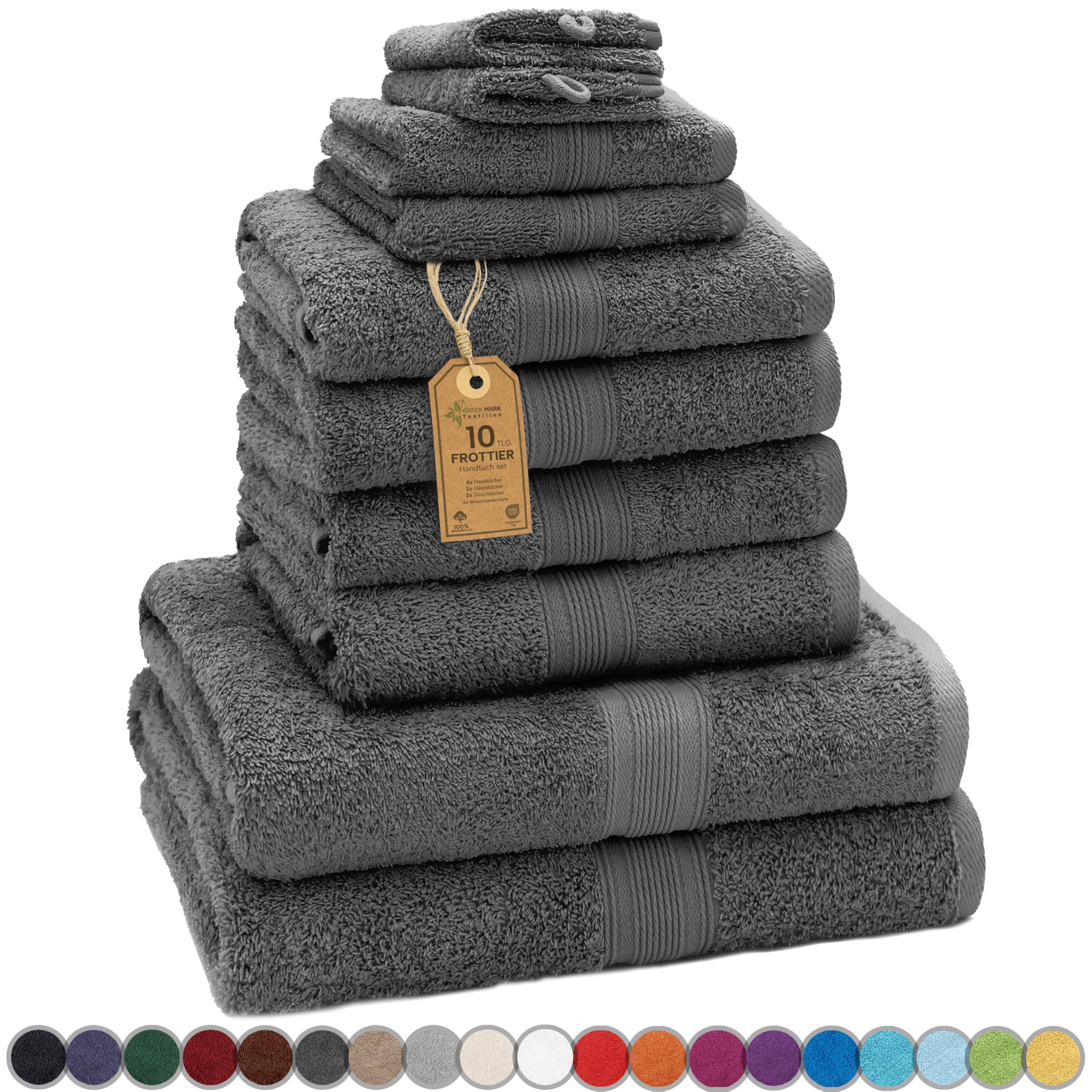 Green Mark Handtuch-Set mit 10 Teilen – 100% Baumwolle – 4 Handtücher 50 × 100 cm, 2 große Duschtücher 70 × 140 cm, 2 Gästetücher 30 × 50 cm und 2 Waschhandschuhe – Anthrazitgrau