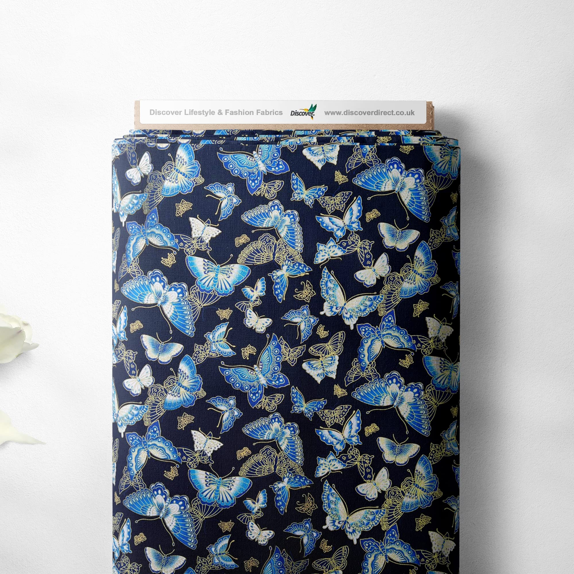 100% Cotton Isumi Japanese Butterfly Design Oriental Metallic Foil Quality Sewing Upholstery Furnishing Fabric Material | 44" - 114 cm Wide (per Half Metre, Navy Bllue)