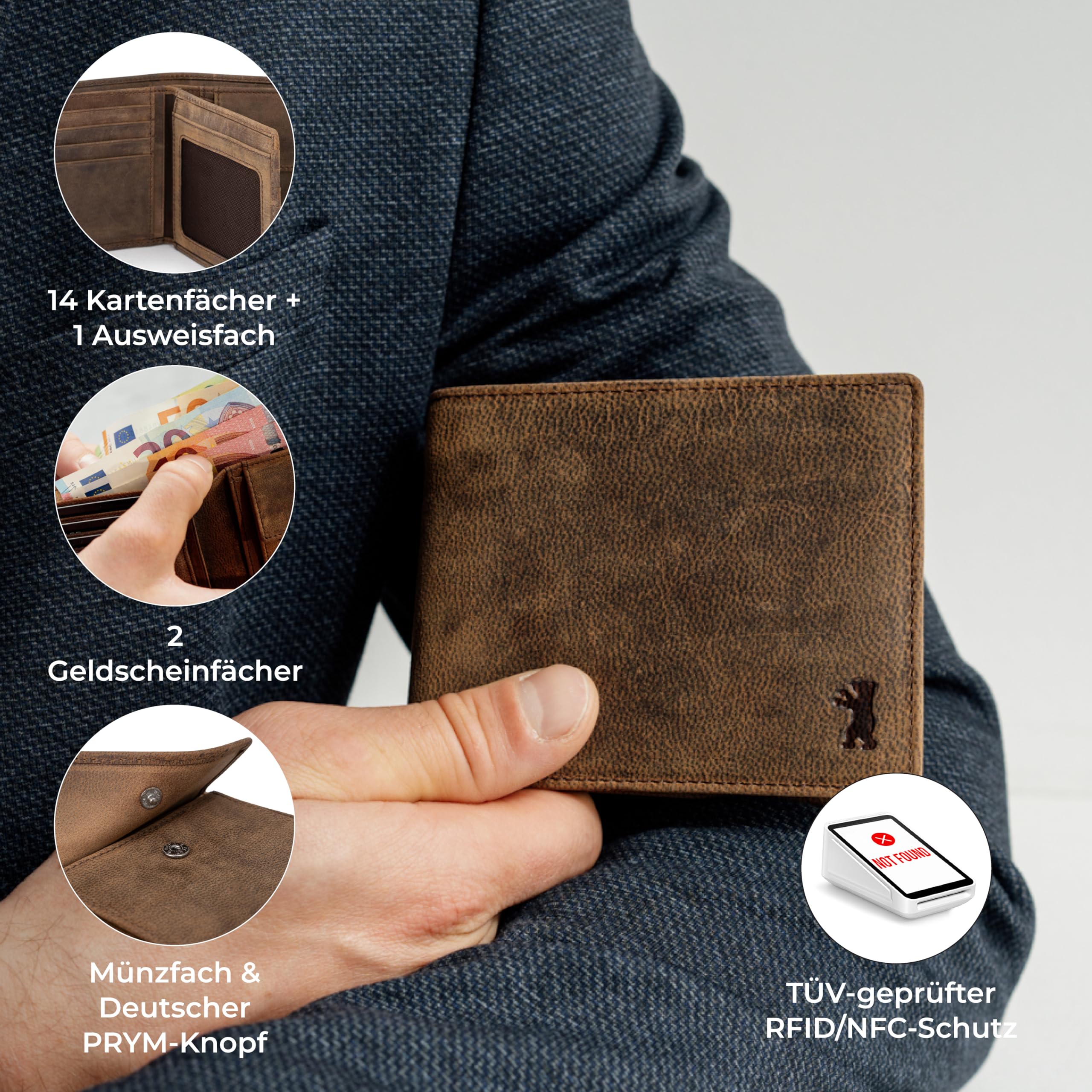 Berliner Bags Vintage Geldbörse, Portmonee aus Leder, Geldbeutel mit TÜV-geprüftem RFID-Schutz, für Herren - Braun
