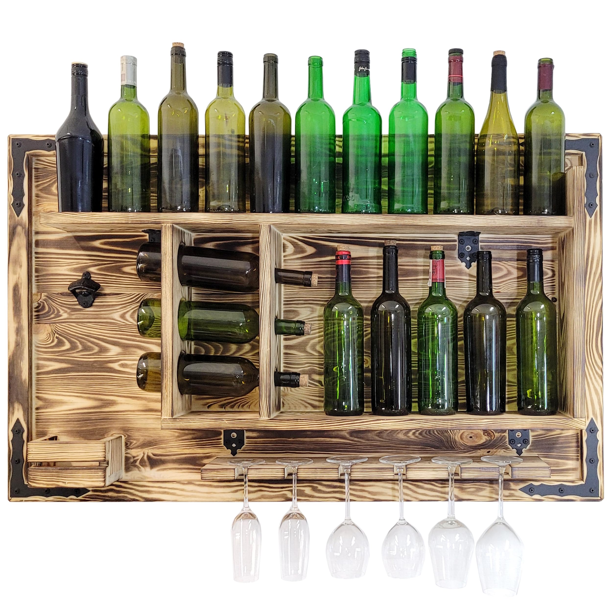 weeco Étagère en bois pour bar à la maison à suspendre - Fabriquée à la main - Style rustique - Étagère murale en bois - Pour bar à vin - Cadeau pour homme - Image 3D en bois