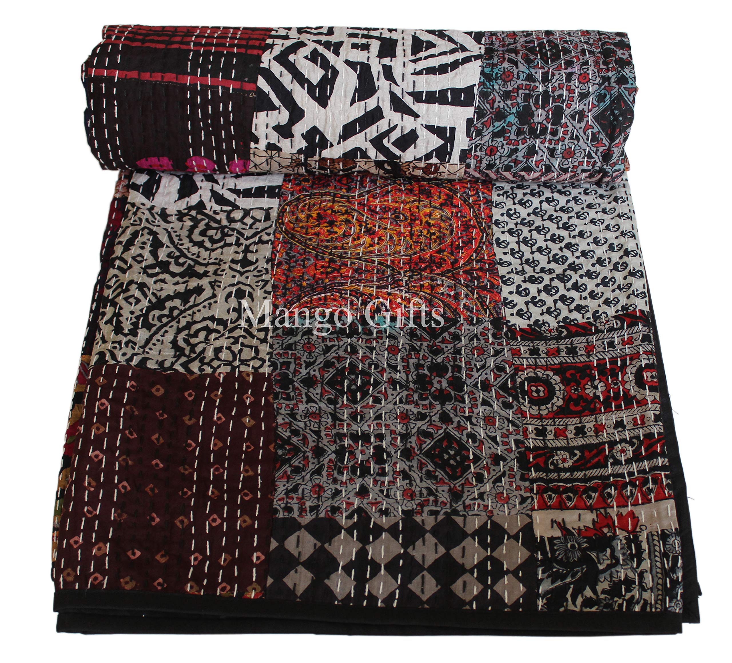 Couette Kantha indienne en soie patchwork noir jeté de lit double 152x228