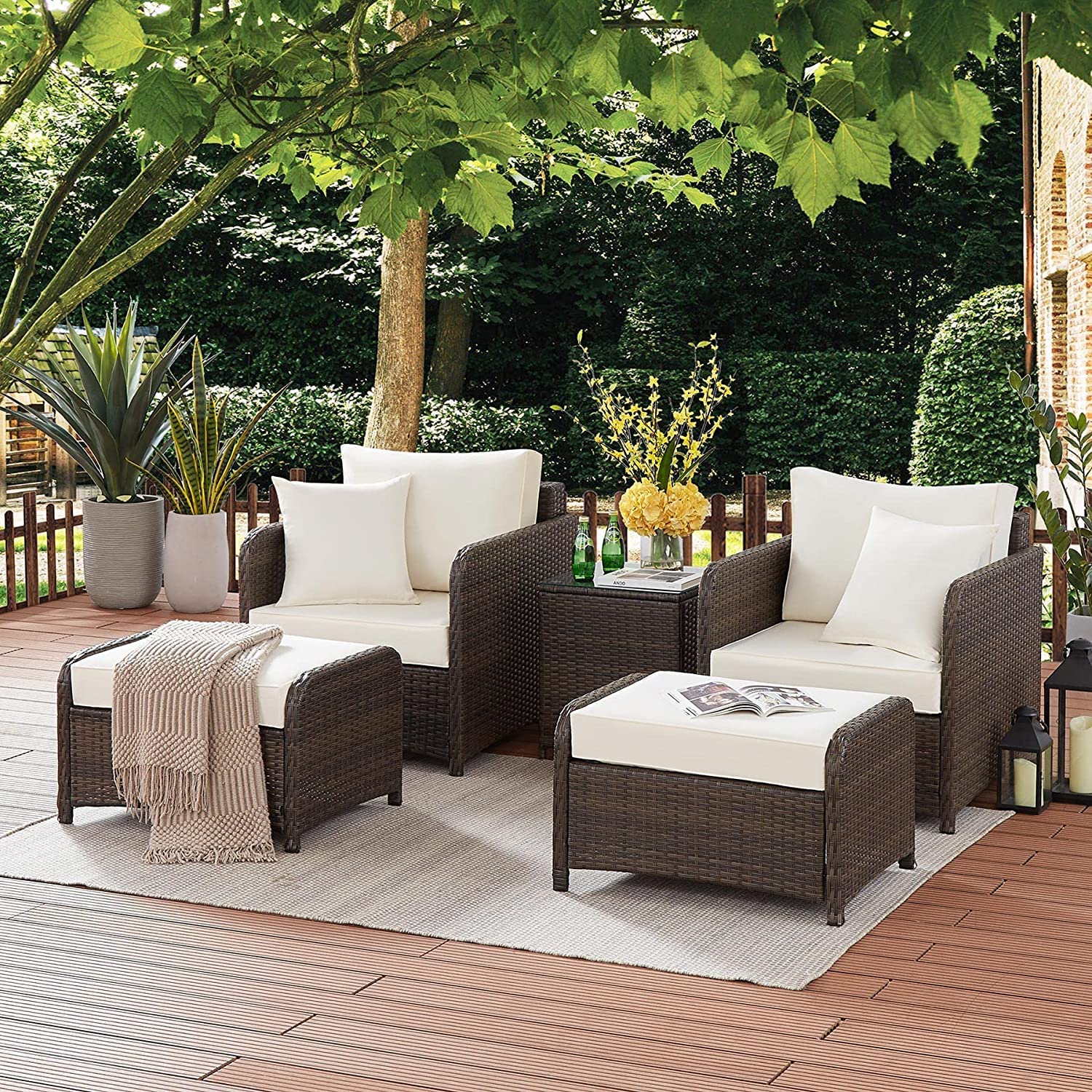 LOCCUS 5 Piece Wicker Patio Furniture Set Front Porch Furniture All Weather Sectional HDPE Rattan Manual Weaving Wicker Conversation Set with Ottomans for Garden, Porch. (Dark Brown and White