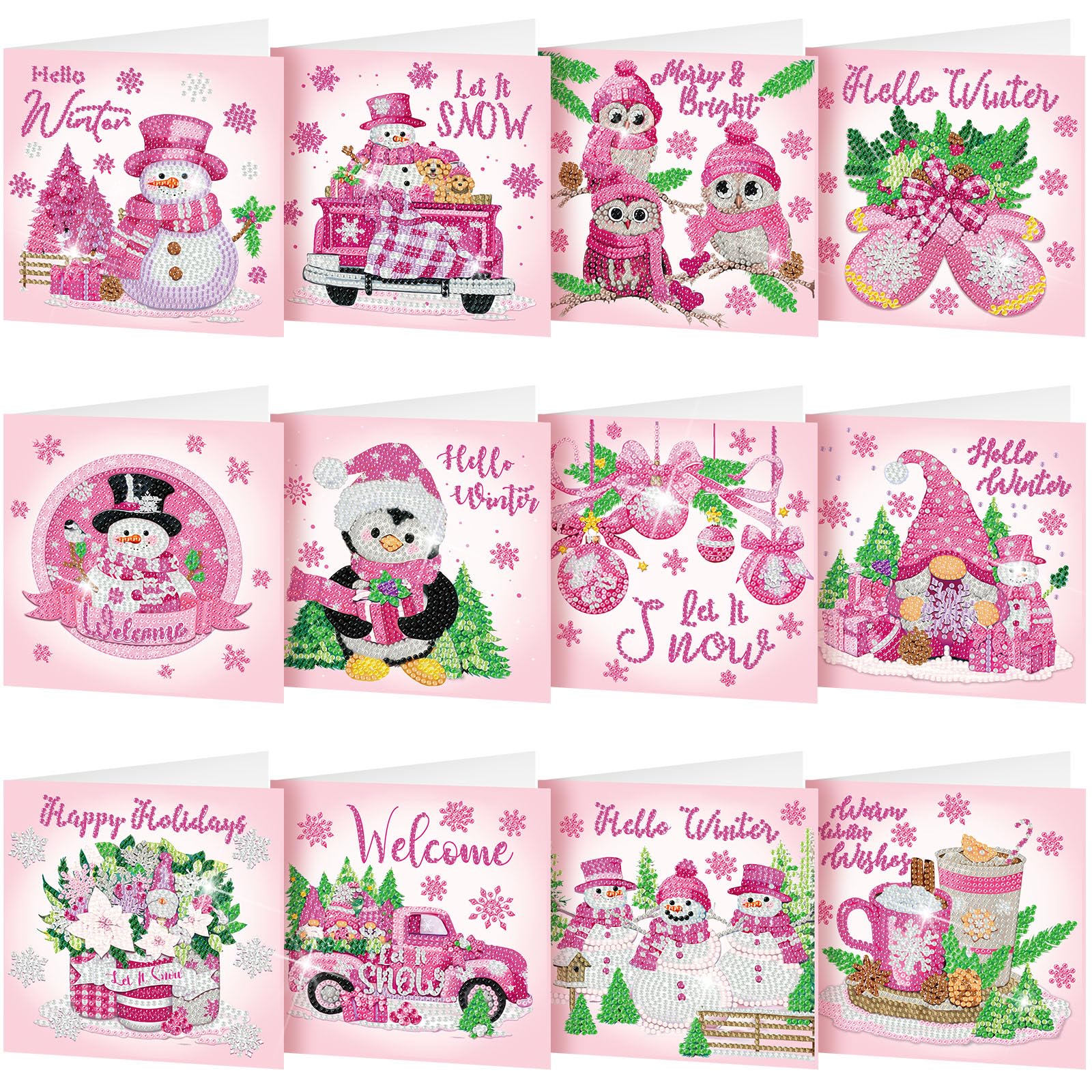 Saillong 12 Pcs Pink Christmas Diamond Painting Greeting Card with Envelope