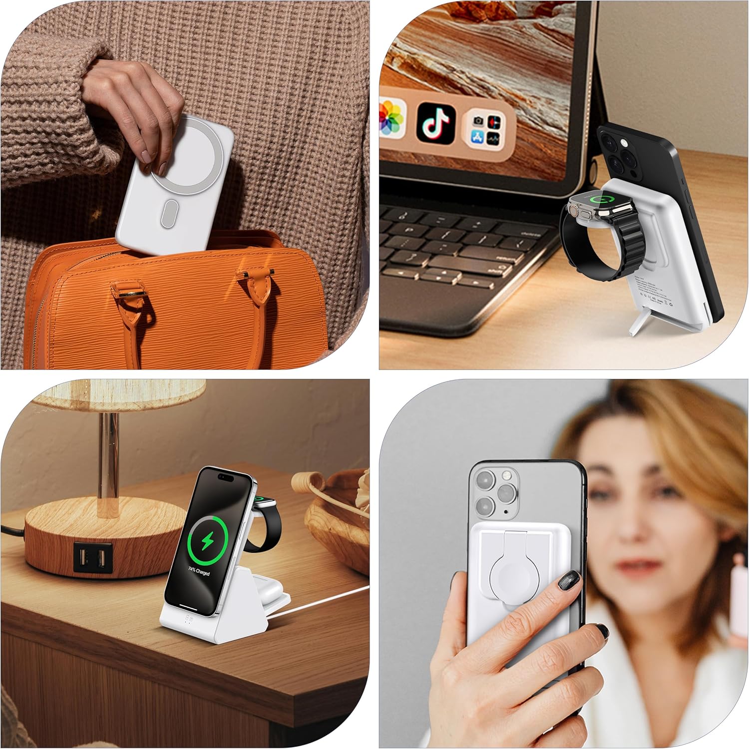 3-in-1 Wireless Charging Station: Portable 10000mAh Power Bank Charger Compatible for Phone Air/17/16/15/14/13/12 Series and Watch - Detachable Magnetic Charging Stand White