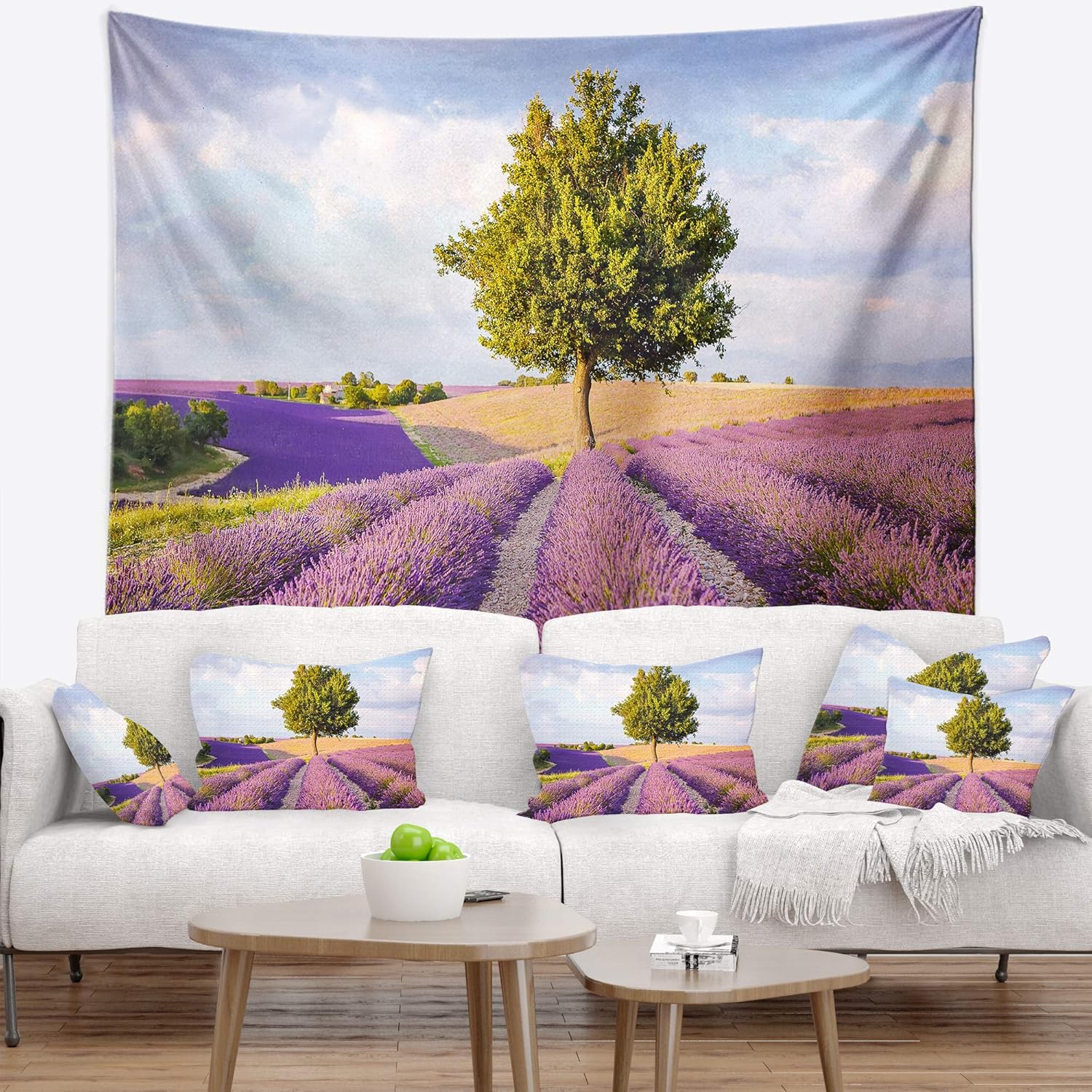 Designart ' Lonely Green Tree in Lavender Field' Landscape Tapestry Blanket Décor Wall Art for Home and Office, Created On Lightweight Polyester Fabric x Large: 92 in. x 78 in