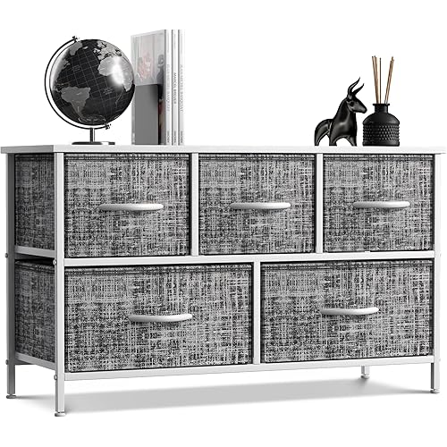 Sorbus Dresser with 5 Drawers - Storage Chest Organizer Unit with Steel Frame, Wood Top, Easy Pull Fabric Bins - Long Wide TV Stand for Bedroom Furniture, Hallway, Closet & Office Organization