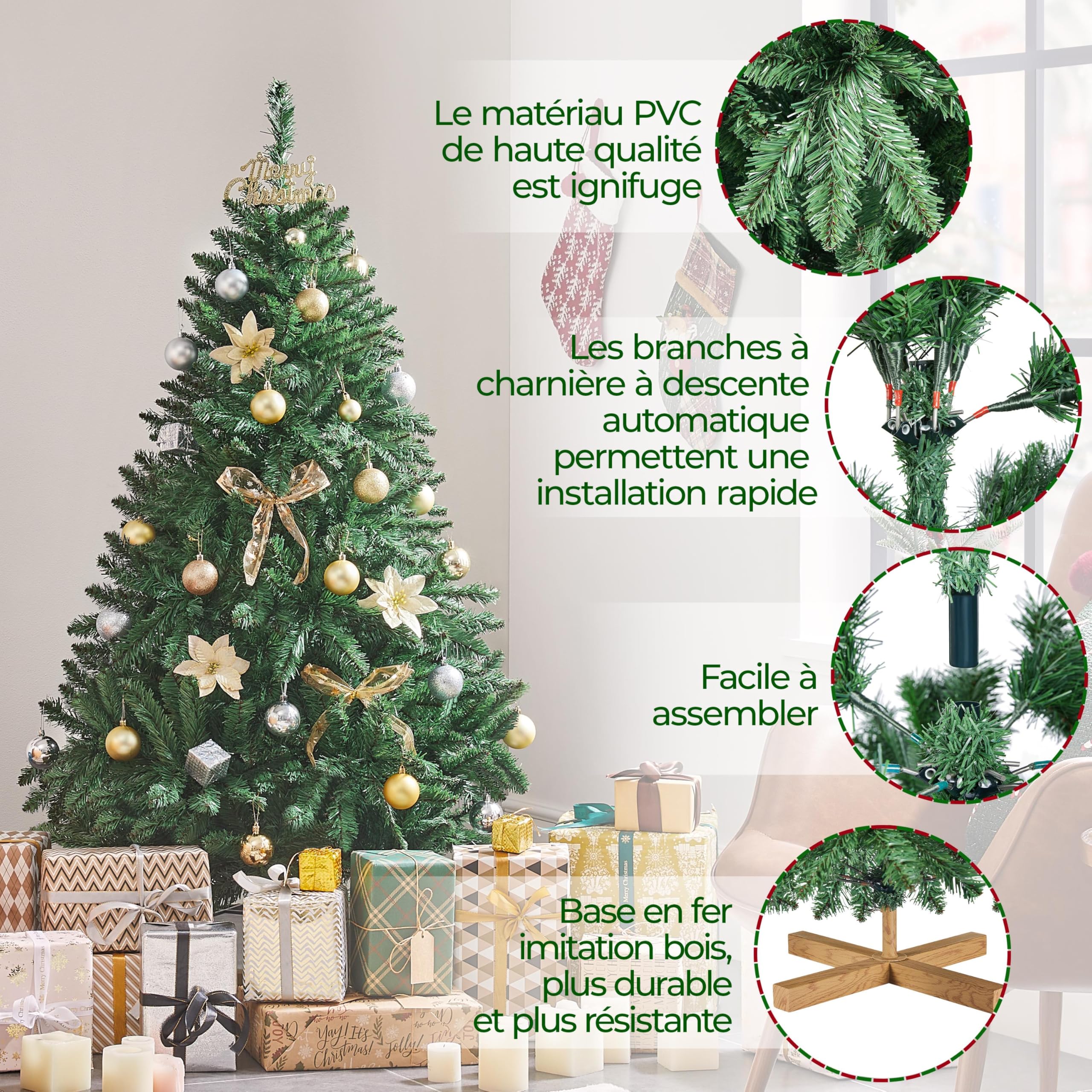 Yaheetech Sapin de Noël Artificiel 152 cm avec 437 Branches, Résistant au Feu, Support Métallique avec Veinures en Bois de Sapin Inclus, Décoration de Noël Fête