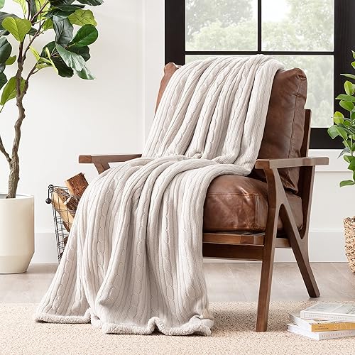 Miniatura 2 de Chanasya Manta de punto trenzado suave, color beige crema, afelpada de sherpa, gruesa, cálida, ligera, acogedora, moderna, para sofá, sala de estar