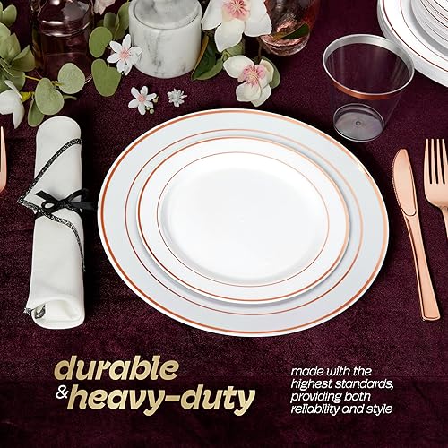 Miniatura 9 de Juego de vajilla de plástico de 600 piezas para 100 invitados, platos de plástico dorados para fiestas, juegos de platos dorados para 100 invitados,