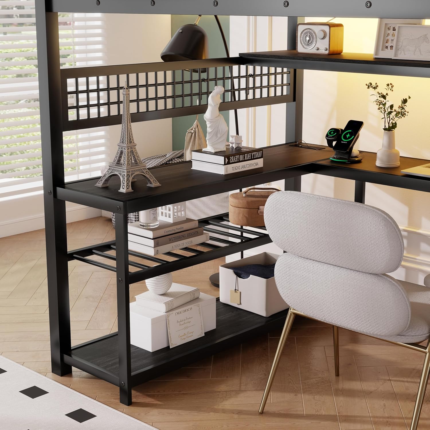 Harper & Bright Designs Full Size Loft Bed with L-Shaped Desk and Wardrobe, Modern Heavy Duty Metal Loft Bed Frame with Staircase, Storage Shelves, LED Lights and Charge Station, Black