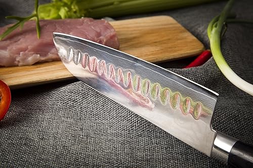 Miniatura 6 de Cuchillo Santoku de Damasco, VG10 japonés, 67 capas forjadas de acero con hoja biselada de borde de 7.25 pulgadas, mango ergonómico de madera de