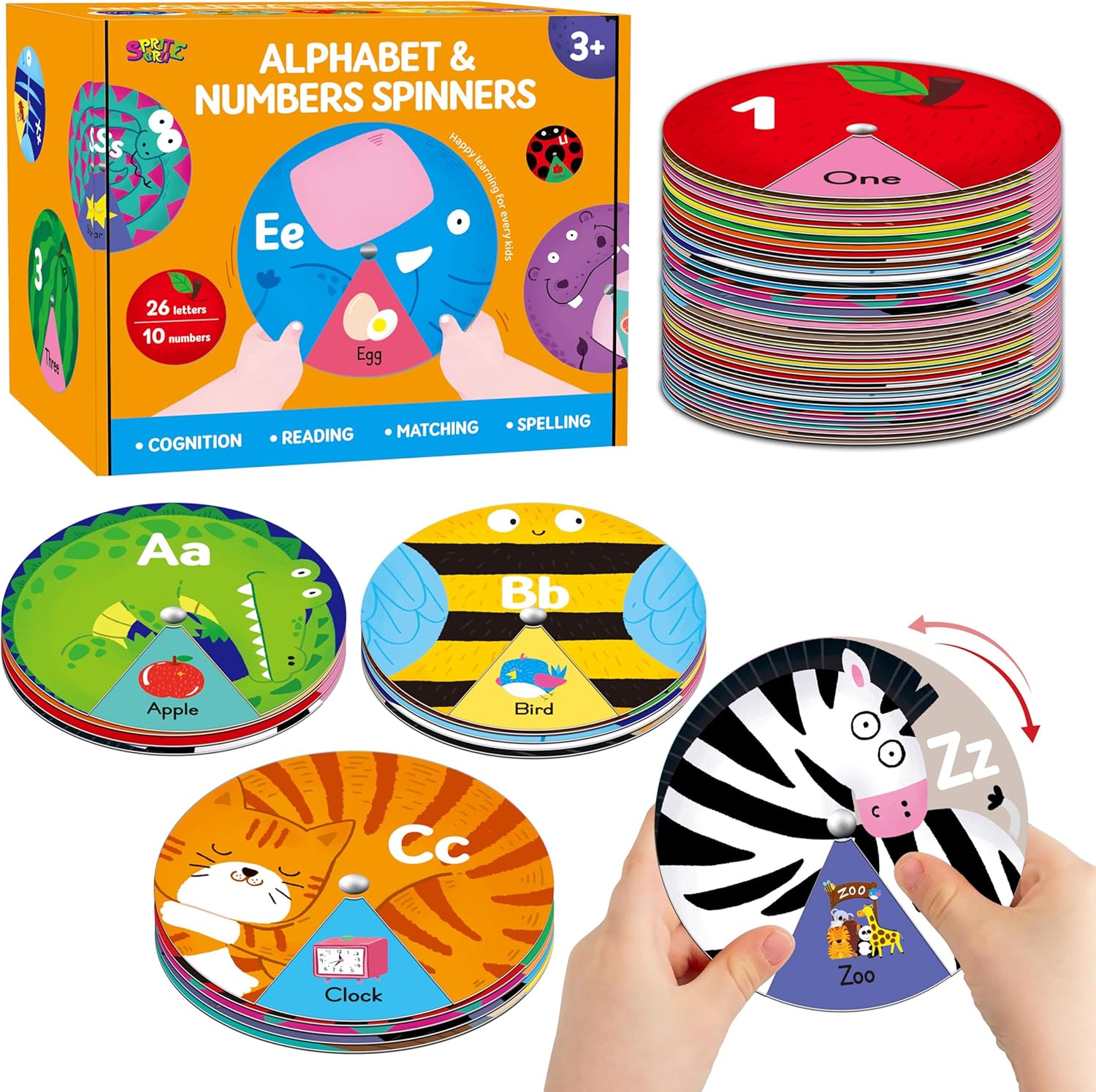 Alphabet Learning Toy, ABC Letters, Numbers, Animals Sight Words, Spinning Game 36 PCS Montessori Educational Round Cards for Toddlers, Kids 3-5