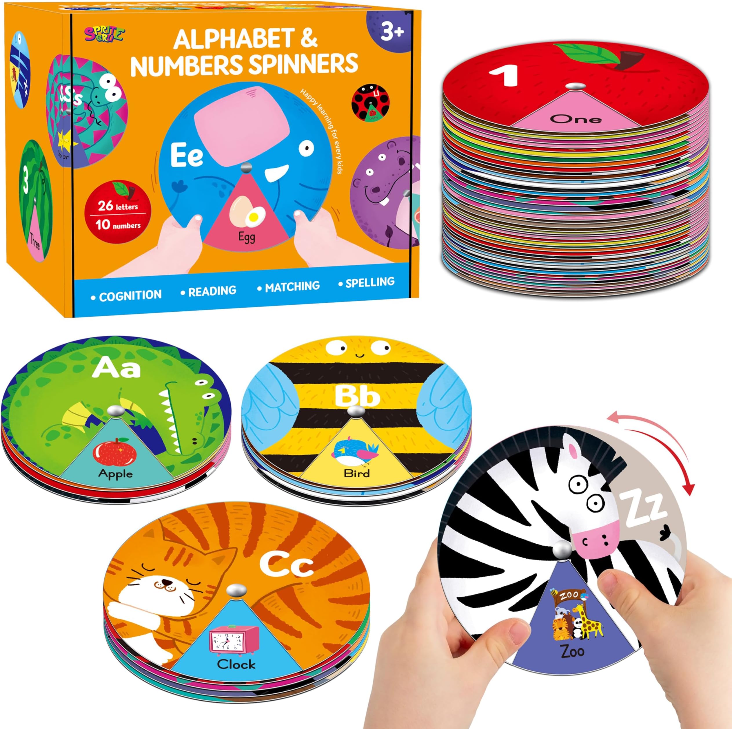 Alphabet Learning Toy, ABC Letters, Numbers, Animals Sight Words, Spinning Game 36 PCS Montessori Educational Round Cards for Toddlers, Kids 3-5