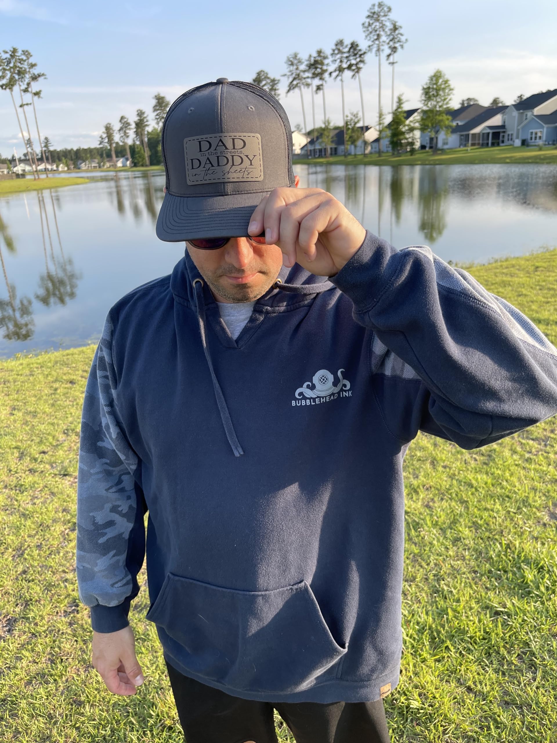 BUBBLEHEAD INK Handmade Adjustable Snapback Hat, Dad In The Streets Daddy In The Sheets Patch, Baseball Cap, Trucker, Mens, Womans, Headwear, Funny, Gift, USA, Tiktok, Inappropriate, (Charcoal/Blk)