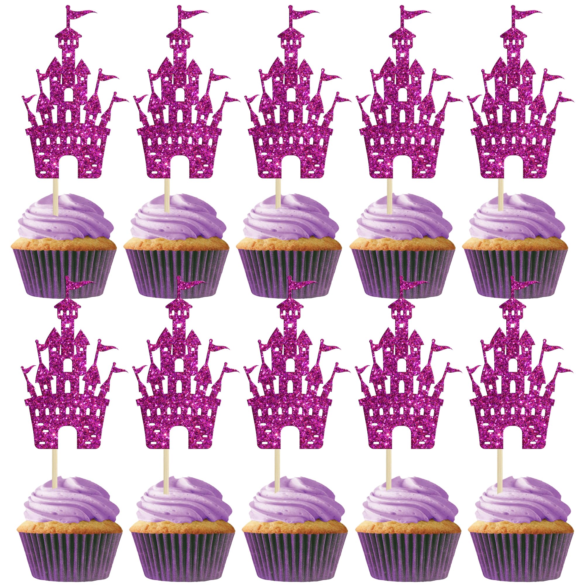 Gyufise 24Pcs Princess Castle Cupcake Toppers Glitter Castle Theme Birthday Party Decoration Princess Birthday Cake Decoration for Baby Shower Princess Birthday Party Supplies Purple