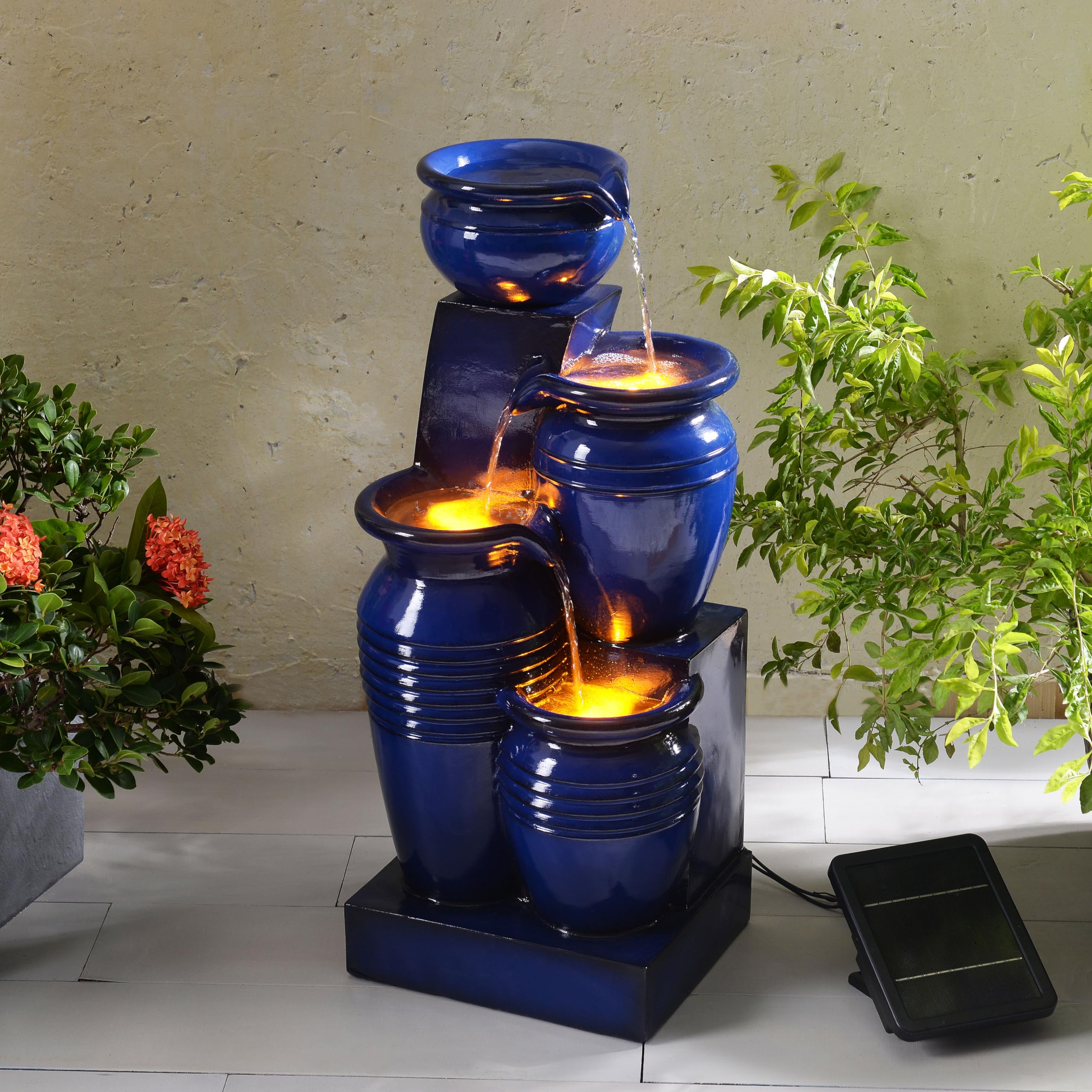 Fontaine d'eau extérieure à 4 étages de 28,74 pouces avec lumières LED, marine, Teamson Home | Lampes solaires LED pour jardin, aménagement paysager, terrasse, balcon, pelouse