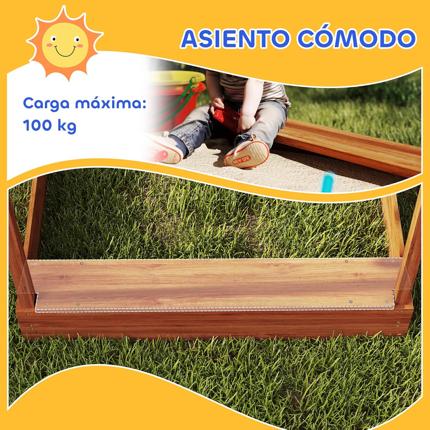 Outsunny Wooden Children's Sandbox with 2 Seats, Awning, 6 Pennants, 2 Removable Trays, Tap and Slate for Patio, Garden, 124 x 116 x 146 cm, Orange