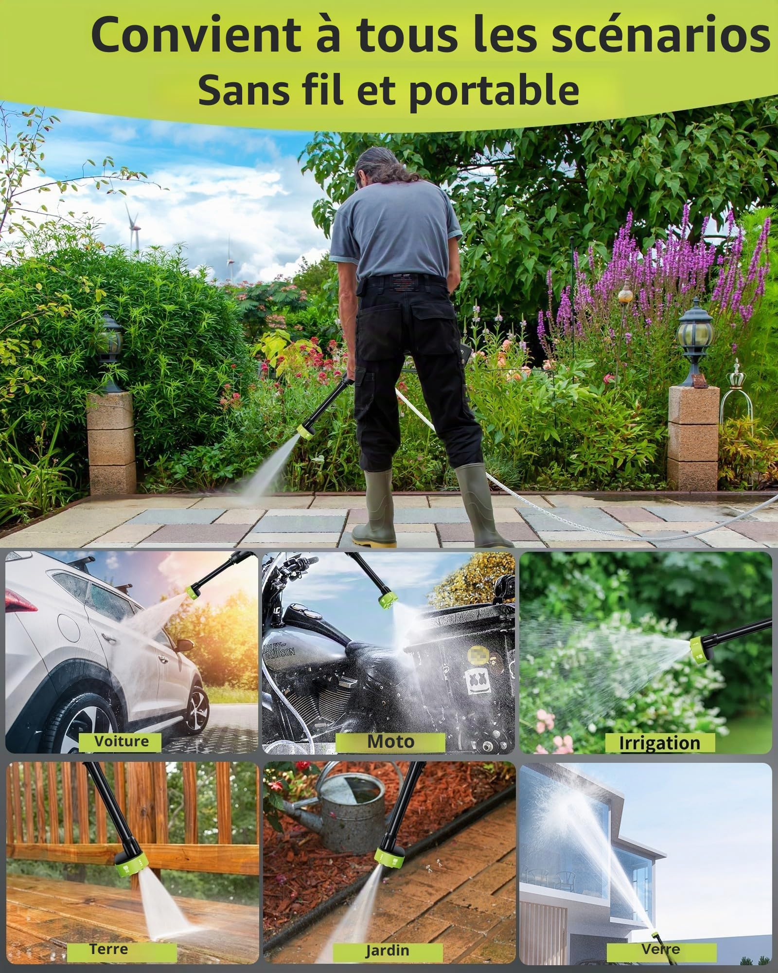 Nettoyeur Haute Pression sur Batterie Non Incluses, Max 120Bar Nettoyeur Haute Pression sans Fil avec Moteur sans Balais, 3 Niveaux Réglables, pour Lavage de Voiture et Nettoyage du Jardin