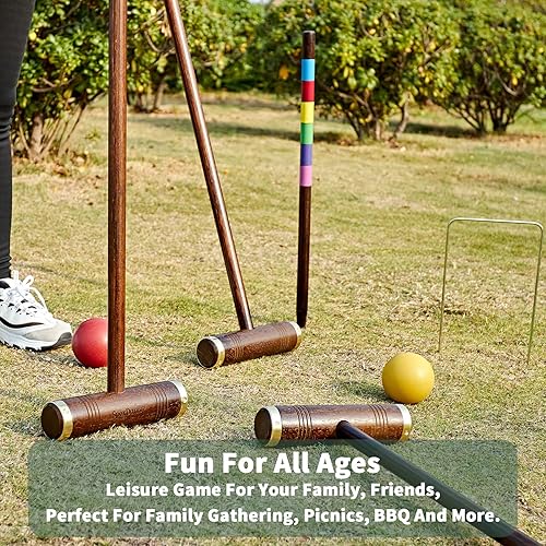 Miniatura 6 de Juego de croquet para seis jugadores, juego de croquet de 35 pulgadas con mazos de madera de primera calidad, bolas de colores, mechones, estacas,