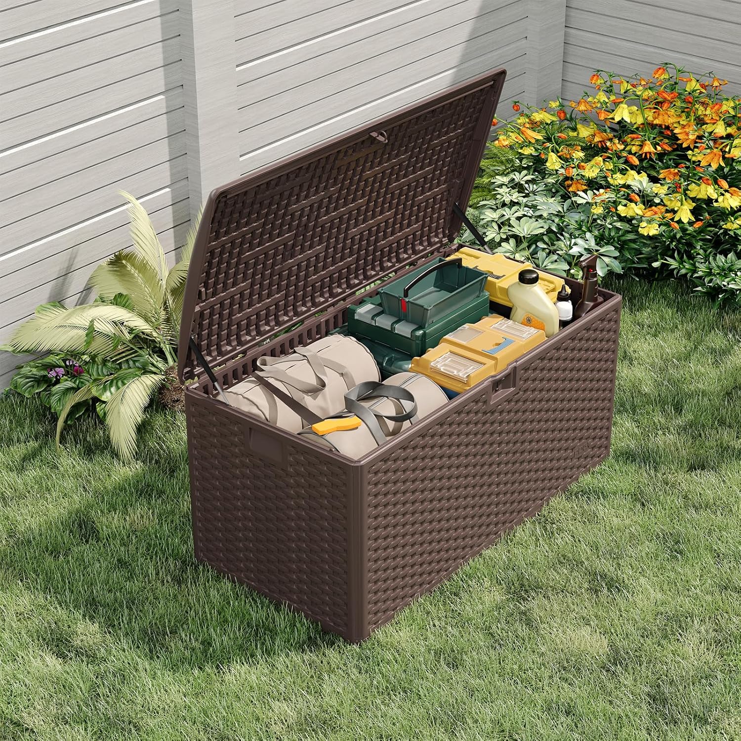 120 Gallon Waterproof Large Outdoor Storage Box, Blow-Molded Deck Box with Gas Rod Lid, Lockable Outside Storage Box Container for Patio Furniure, Outdoor Cushions, Garden Tools and Pool Floats, Brown