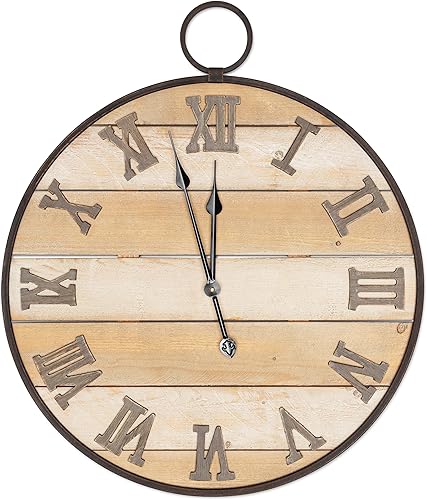 Reloj de pared de madera grande, antiguo, vintage, rústico, estilo campestre, madera real, diseño de números romanos de hierro, anillo integrado