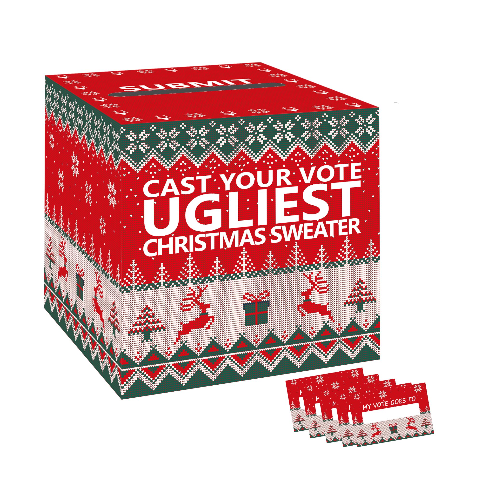 Laroder 1 Pack Ugly Sweaters Party Game Box Ballot Box with Slot Ugly Sweater Contest Raffle Boxes with 50 Pcs Voting Cards Christmas Ugly Sweater Party Games Decorations