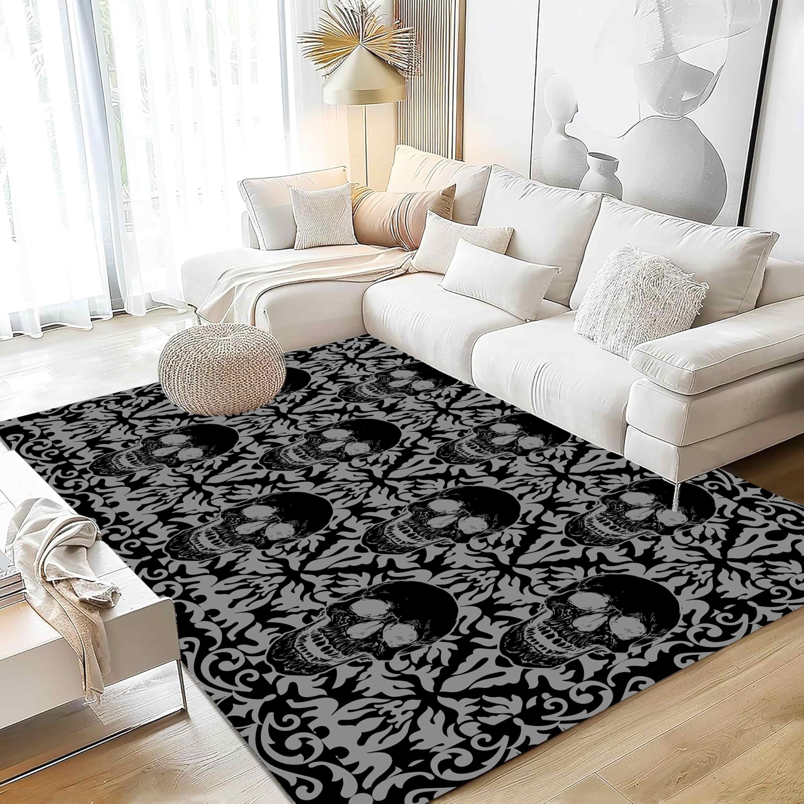 Gothic Skull Area Rug 5x8ft Vintage Black and White Snake Flowers Halloween Rug Fun Carpet Cool Rugs Horror Floor Mat Doormat Goth Room Decor for Hallway Living Room Bedroom Bedside: Skull 5 6x8ft