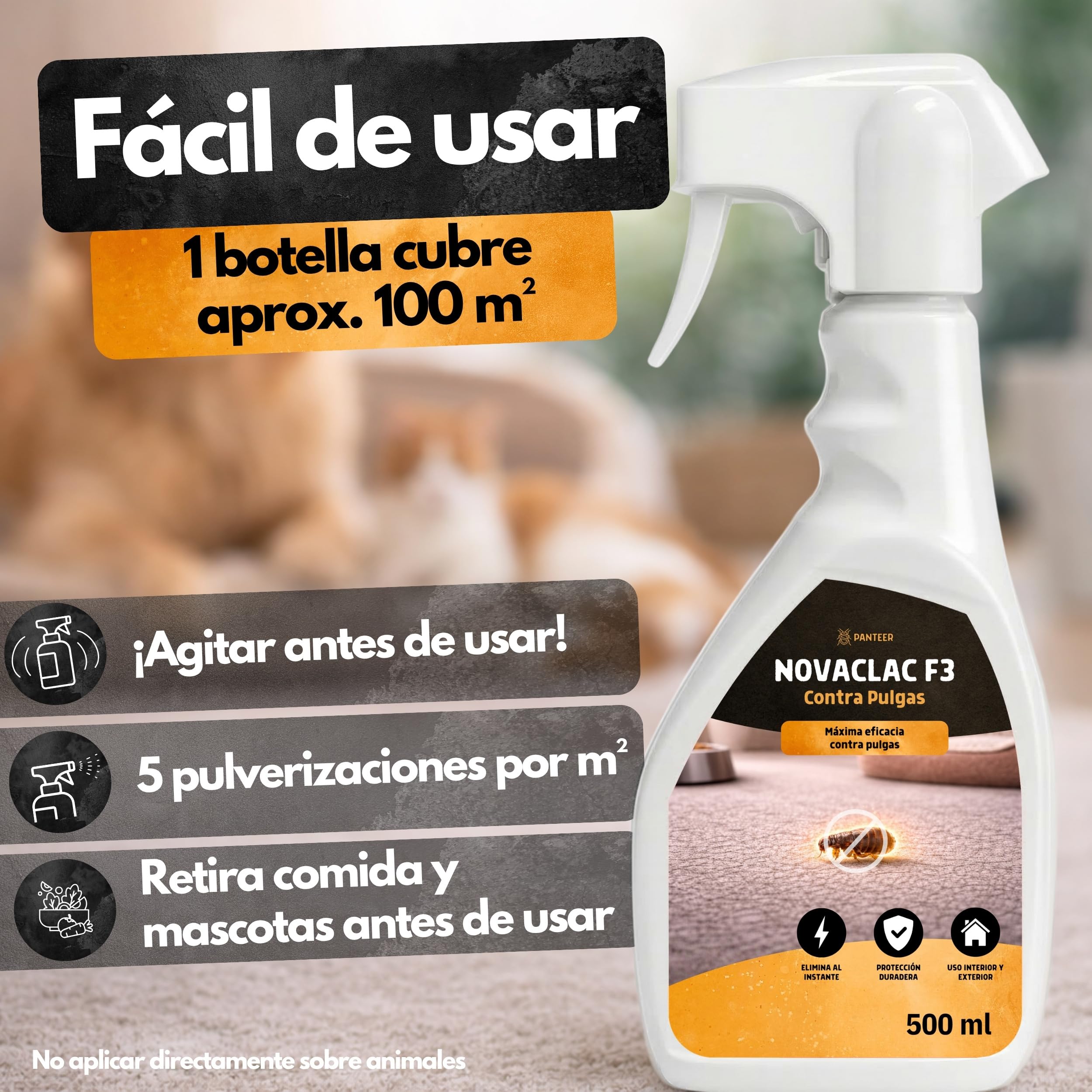 NOVACLAC F3 Mata Pulgas – Spray Insecticida 500 ml PT18 – Elimina pulgas al instante – Protección duradera – Uso interior y exterior – Calidad europea formulada para España