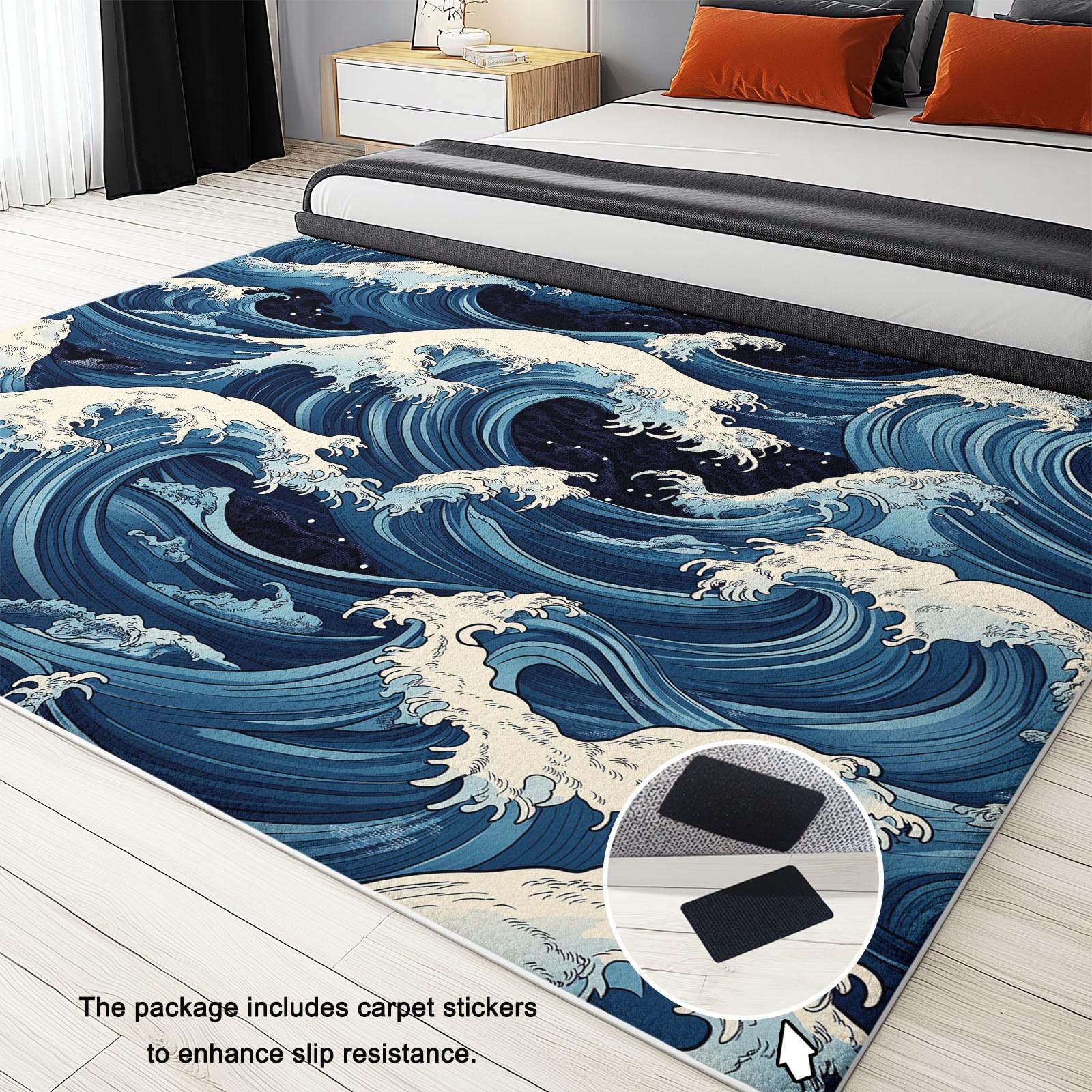 Tapis Poils Ras Motif Vagues À La Japonaise Tapis Salon Chambre Adulte Salle à Manger Bureau Tapis Imprimé à Poil Court Doux Fin Lavable 140 x 200 cm, Bleu Blanc