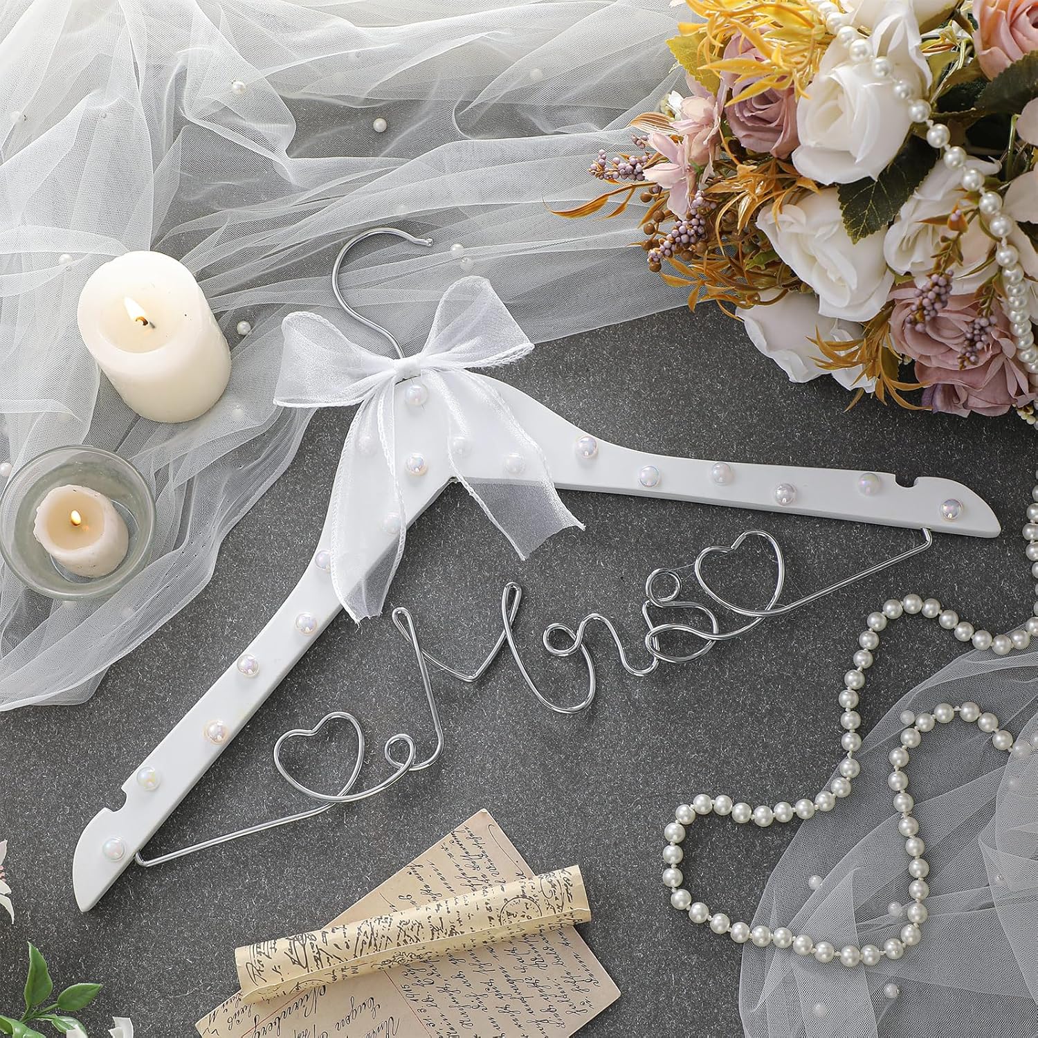 Honeydak Mrs. Wedding Dress Hanger for Bride to Be,Elegant Bridal Hanger for Brides Gowns, Bridal Party Shower Gift,Wedding Gift(White,Pearl)