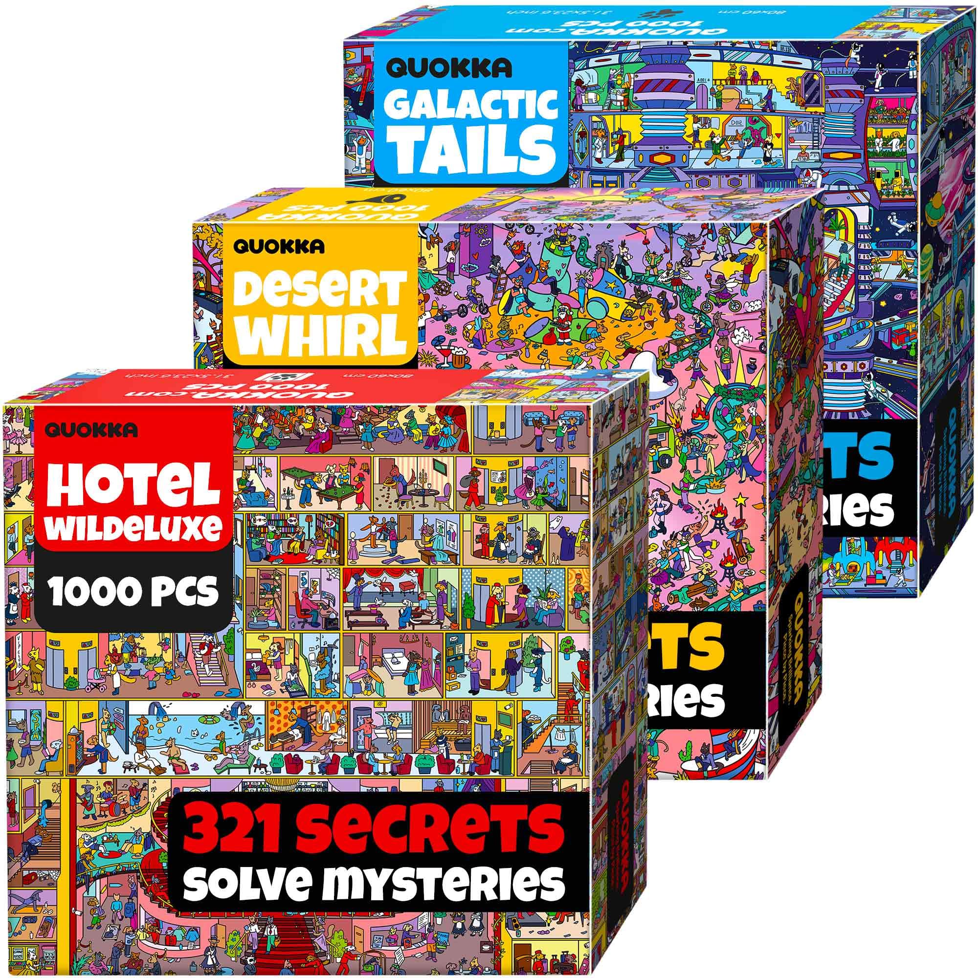 QUOKKA 1000 Piece Jigsaw Puzzle for Adults – Set of 3 Puzzles for Adults 1000 Pieces Premium Box Packaging - Desert Whirl, Galactic Tails, Hotel Wildeluxe - Fun Challenges - Stunning Scenic Animal