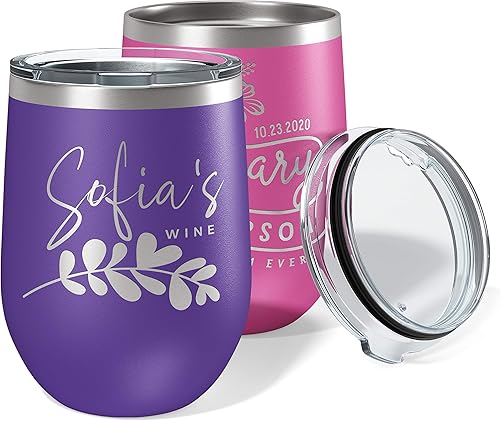Regalos para el Día de la Madre para mamá, vaso de vino personalizado con tapa, 12 onzas, morado, regalos personalizados para mujeres, vasos