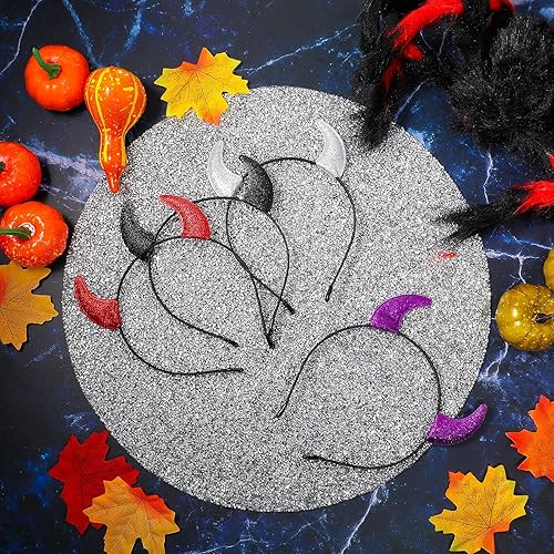 Vista 4 de Chuangdi 4 piezas de diadema de cuernos de diablo con purpurina para Halloween, accesorio de cosplay