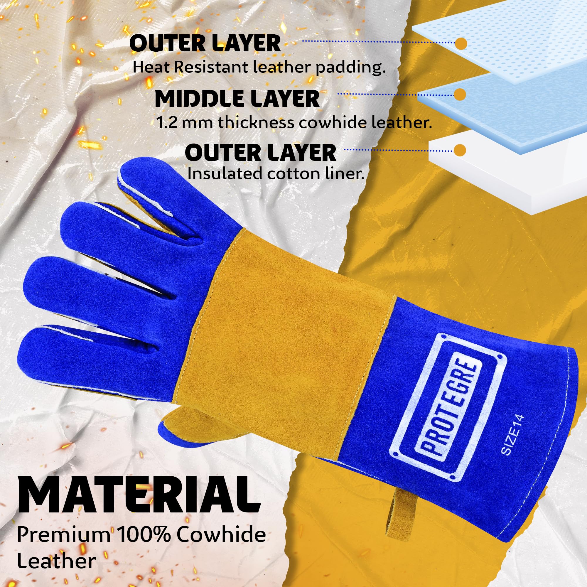 Guantes de soldadura de 16 pulgadas, cuero vacuno resistente al calor y al fuego, costuras de Kevlar, protección de 500.0 °C para MIG, palo, forja, chimenea, barbacoa, estufa de leña