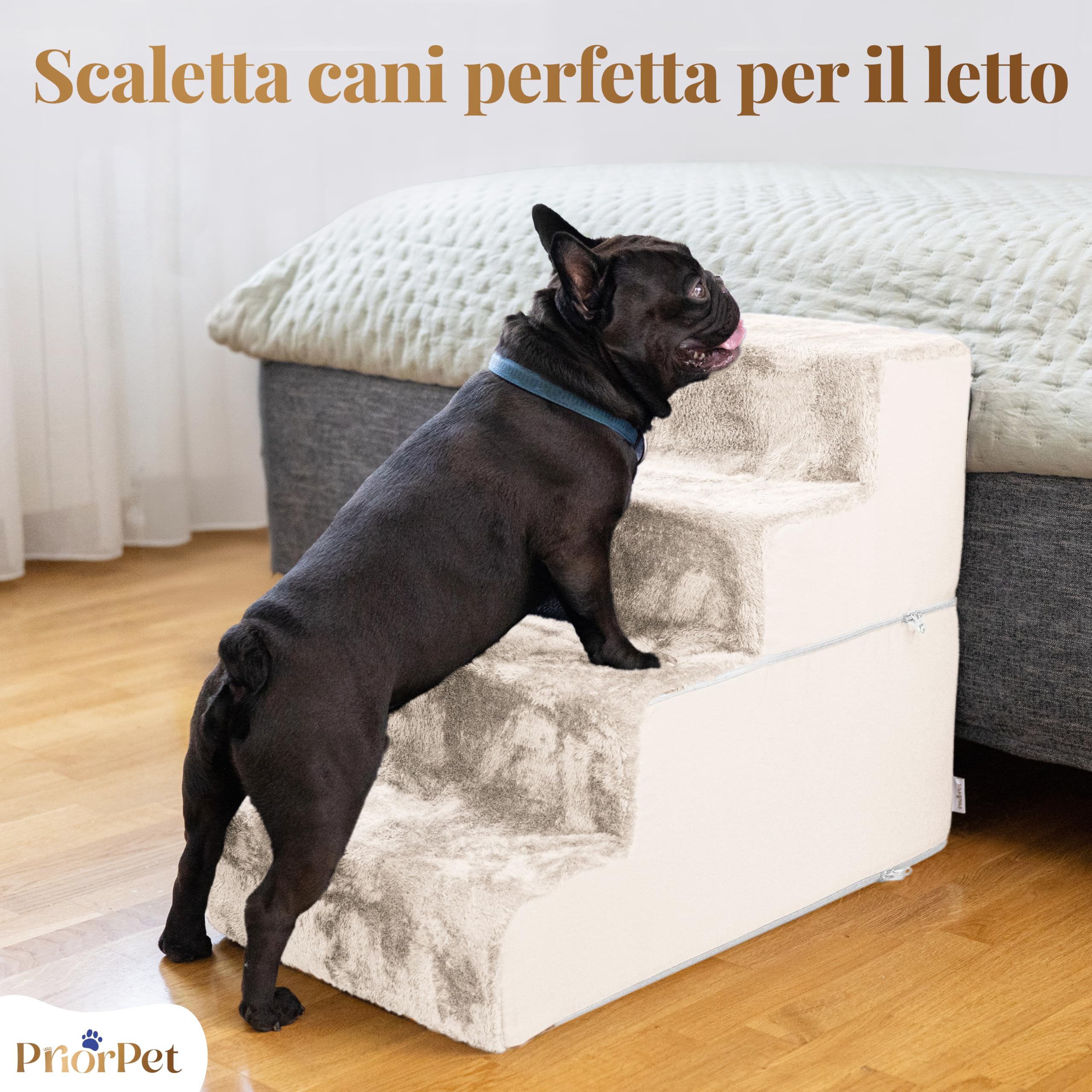 Gradini per Cuccia - Rampa per Cani a 4 Gradini - Scaletta per Cani in Schiuma ad Alta Densità da 58 cm per Cani di Piccola Taglia - Gradini per Animali Domestici Sicuri e Stabili - Bianco Crema