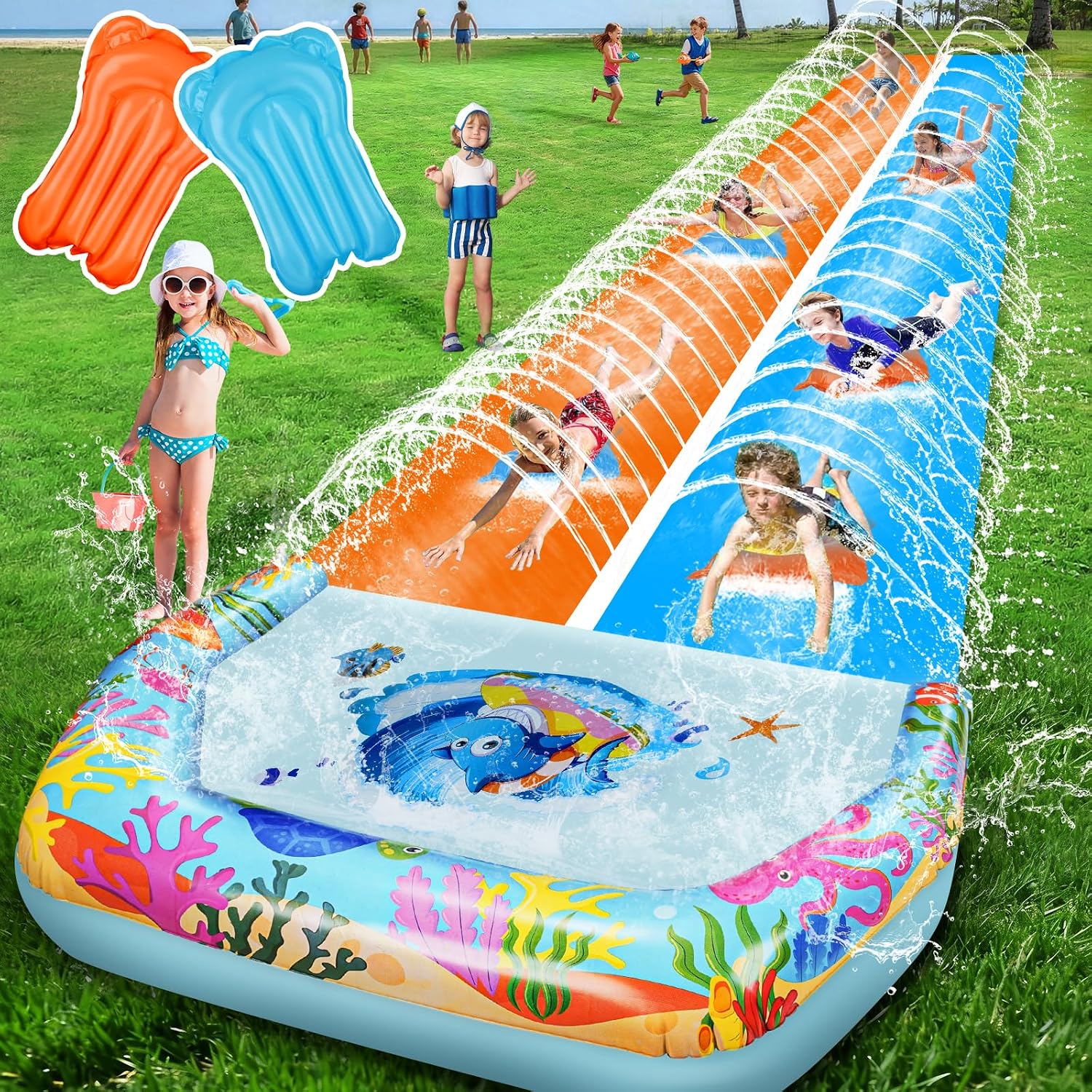 46FT Double Slip and Water Slides for Kids Adults Backyard, Extra Long Lawn Water Slides with 2 Bodyboards, Heavy Duty, Giant Inflatable Water Slip Toys with Crash Pad for Summer Outdoor Party