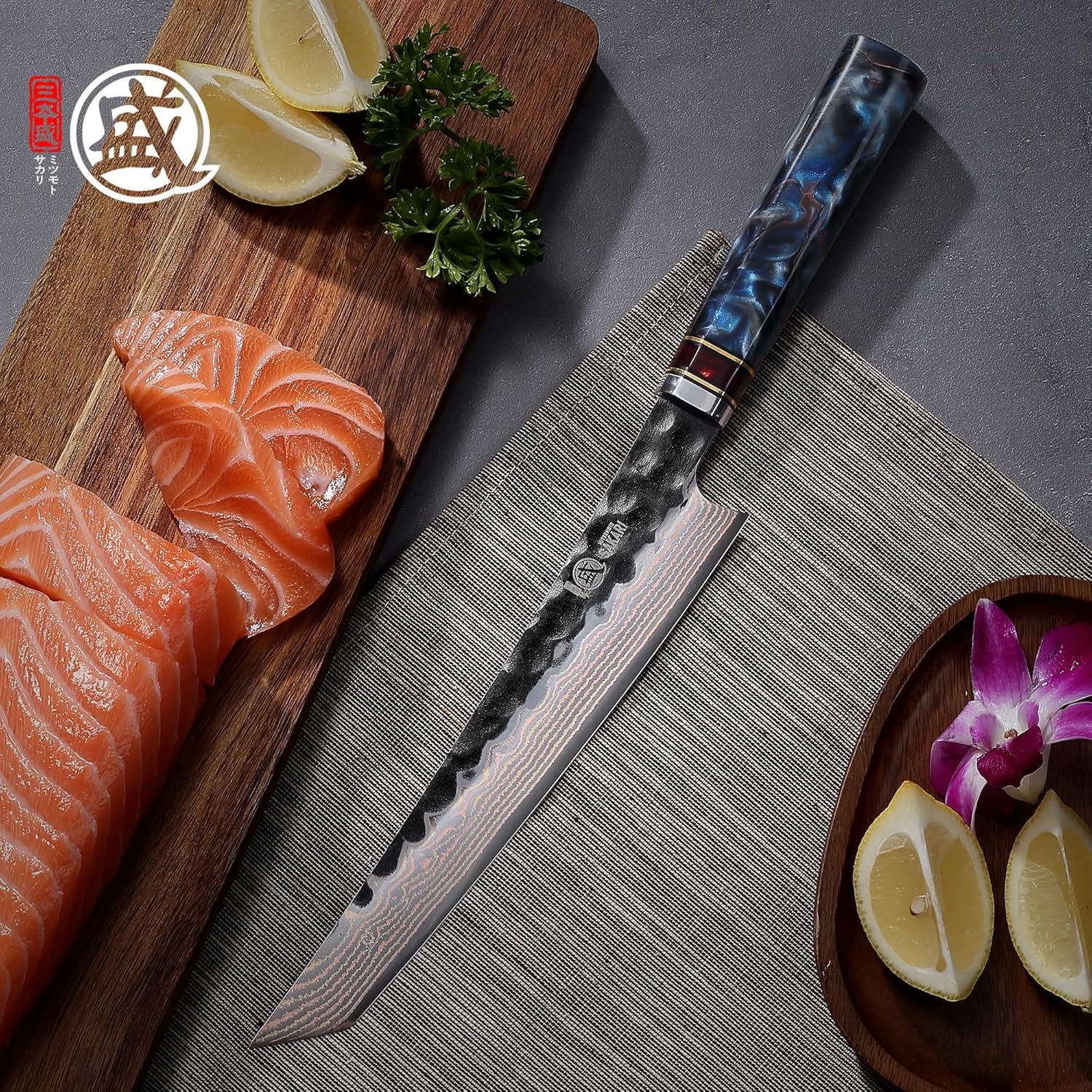 MITSUMOTO SAKARI 8 Inch Kiritsuke Knife - Japanese VG-10 Damascus Steel Hand-Forged Chef & Sushi Knife for Sashimi & Precision Tasks