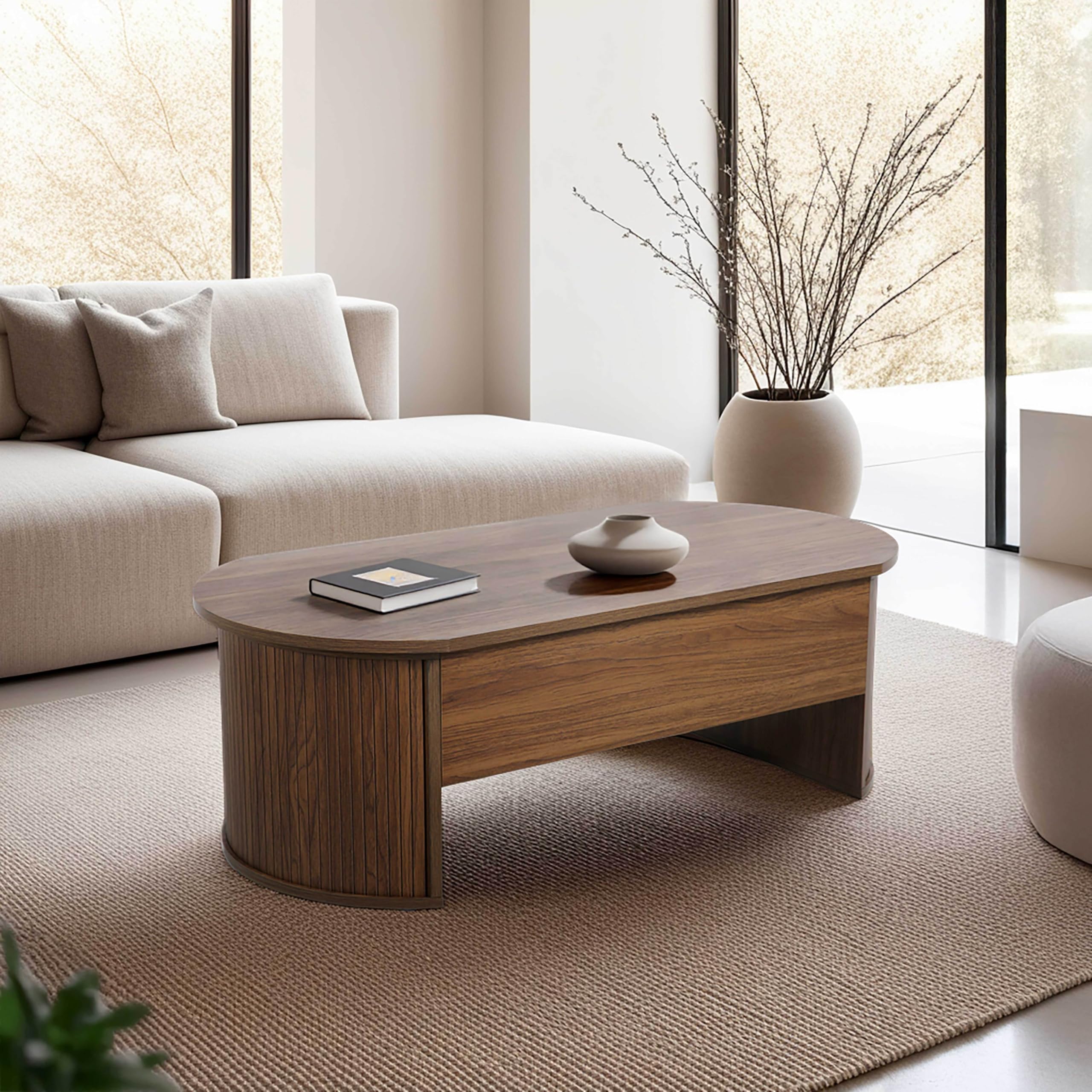Oviala Mesa de centro ovalada con tablero plegable en efecto madera oscura