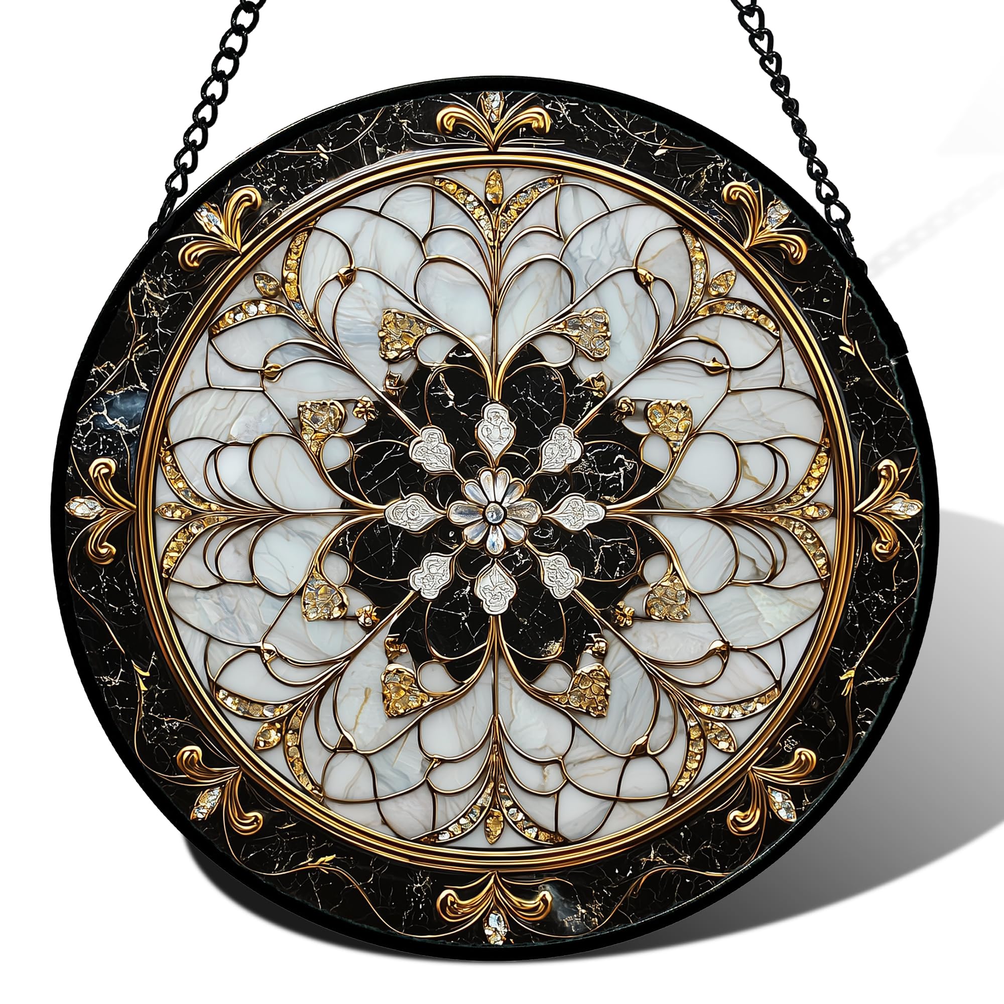 DASTOLL Stained Glass Window Hanging, Black and White Gold Boho Pattern Suncatcher for Doors Window Home Abstract Flower Sun Catchers Decor Mother's