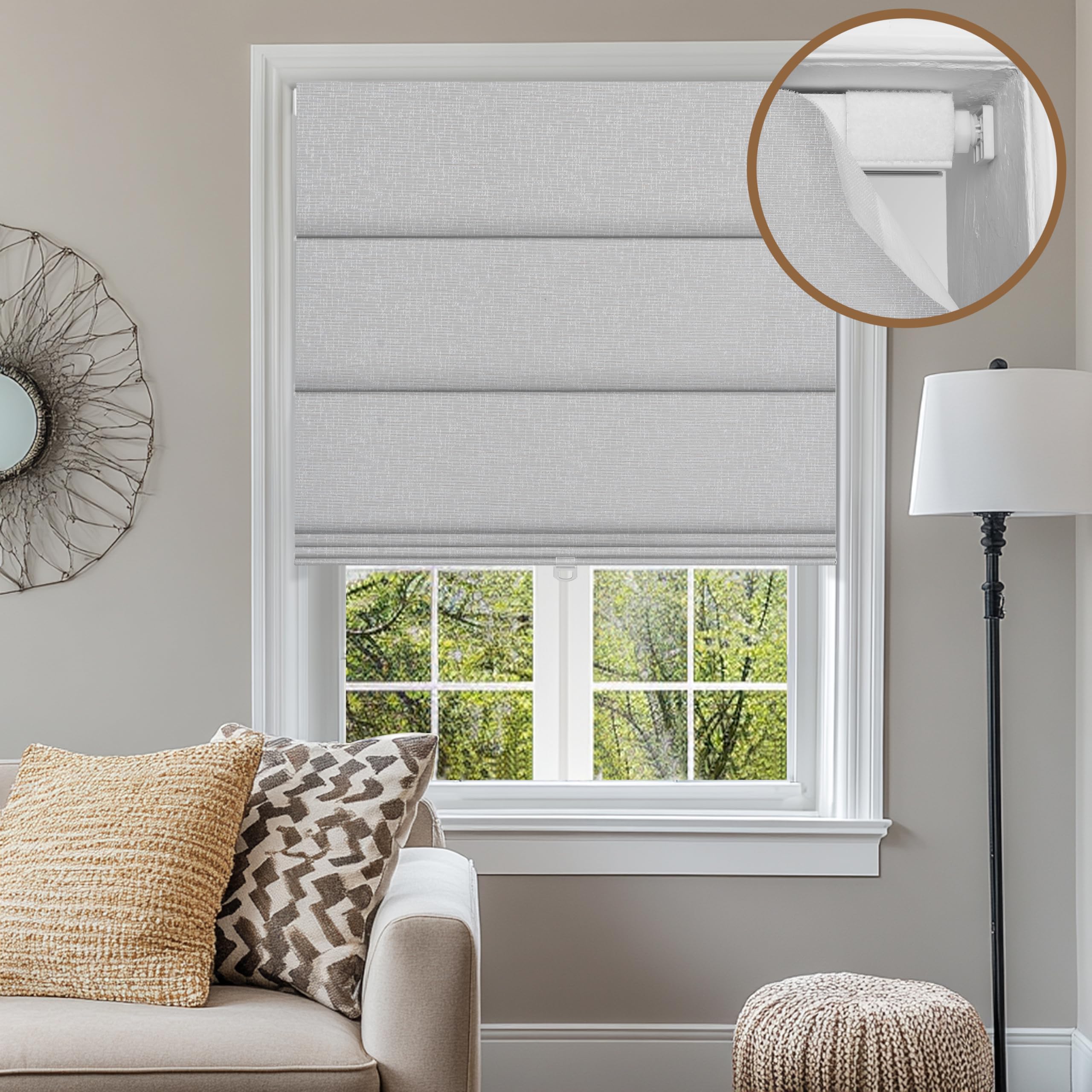 BERISSA No Drill Blackout Roman Shades for Windows, Cordless Linen Fabric Roman Blinds for Windows,Pull Down Room Darkening Window Shades for Home Office,Marble Grayish White,56
