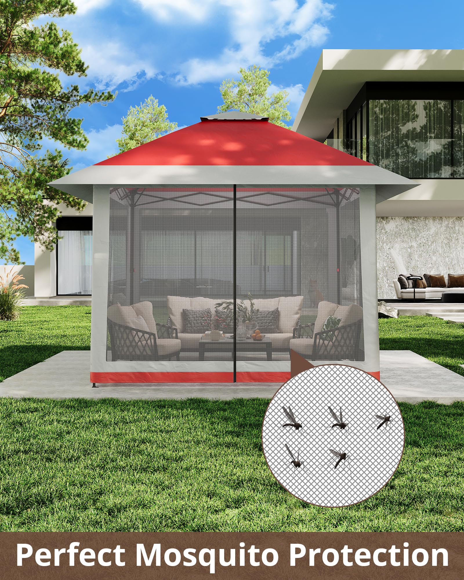 4 x 4 m Pop Up Gazebo, Waterproof Pop Up Tent with 4 Mosquito Net Side Panels, Heavy Duty Gazebo with Carry Bag, 360° Ventilation, Instant Event Shelter for Patio, Garden, Family Parties and Camping - Image 6