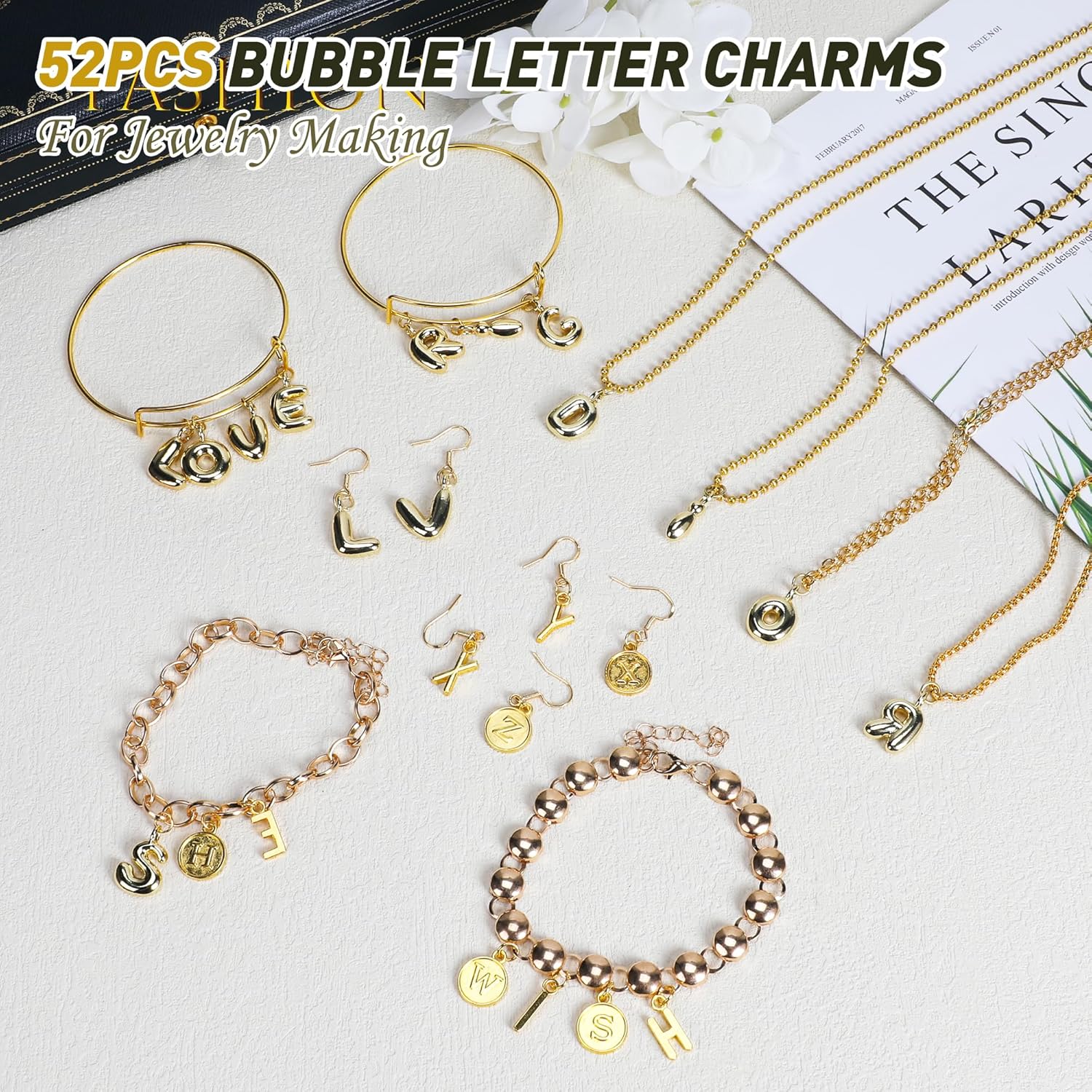 Starry 52pcs Gold Bubbled A-Z Alphabet Letters Charms for Jewelry Making Gold Chunky Bubble Initial Letter Charm Pendant Beads Trendy Bubble Glitter Pendants for Women Bracelet Necklace Choker Making